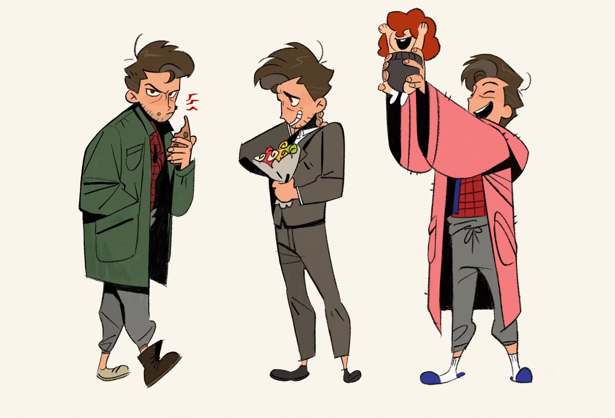 dingnin98201637, mayday parker, peter b parker, marvel, spider-man: across the spider-verse, spider-man (series), spider-verse, hashtag-only commentary, highres, 1boy, 1girl, ^ ^, angry, arm up, baby, beard stubble, bodysuit, bouquet, brown eyes, brown hair, closed eyes, coat, curly hair, eating, facial hair, father and daughter, fingernails, flower, food, food on face, formal clothes, full body, green coat, grey pants, grey suit, hand in pocket, hand on own neck, holding, holding bouquet, holding food, hood, hood down, hooded robe, jacket, layered sleeves, long sleeves, male focus, multiple views, open mouth, pants, pink robe, robe, shoes, short hair, shy, single tooth, slippers, socks, spider web print, standing, stubble, suit, suit jacket, suit pants, sweatpants, teeth, upper teeth only, white socks, wide sleeves