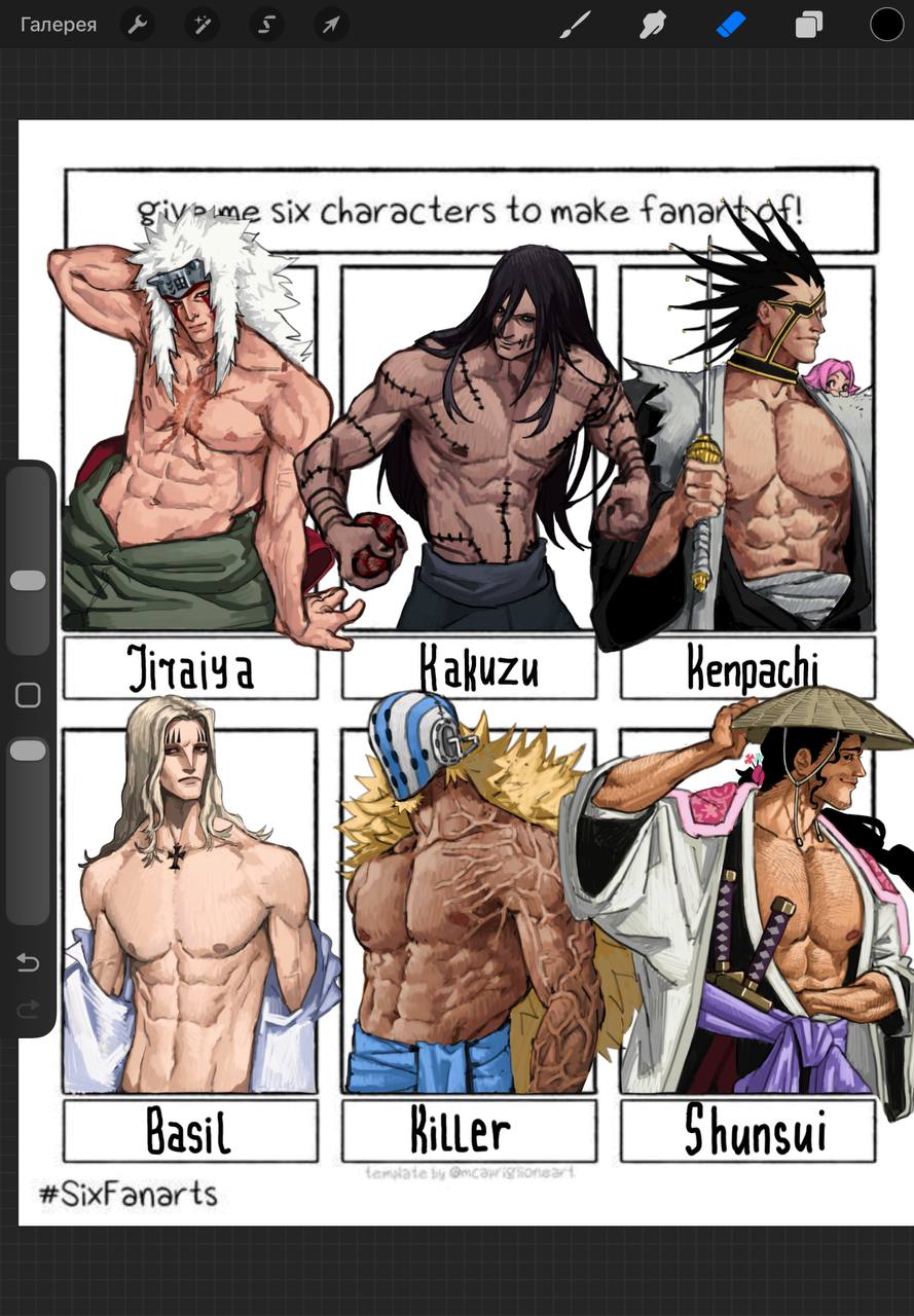 basil hawkins, jiraiya (naruto), kakuzu (naruto), killer (one piece), kusajishi yachiru, kyouraku shunsui, zaraki kenpachi, bleach, naruto (classic), naruto (series), naruto shippuuden, one piece, commentary, english commentary, highres, 1girl, 6+boys, art program in frame, black hair, blonde hair, character name, danzocore, dark-skinned male, dark skin, eyepatch, floral print, floral print kimono, forehead tattoo, haori, hat, japanese clothes, katana, kimono, long hair, male focus, medium hair, messy hair, multiple boys, multiple drawing challenge, muscular, muscular male, navel, nipples, open clothes, open robe, over shoulder, print kimono, rice hat, robe, scar, scar on arm, scar on chest, six fanarts challenge, spiked hair, stitched arm, stitched torso, stitches, sword, sword over shoulder, taichou haori, tattoo, toned, toned male, topless male, upper body, very long hair, weapon, weapon over shoulder, white hair