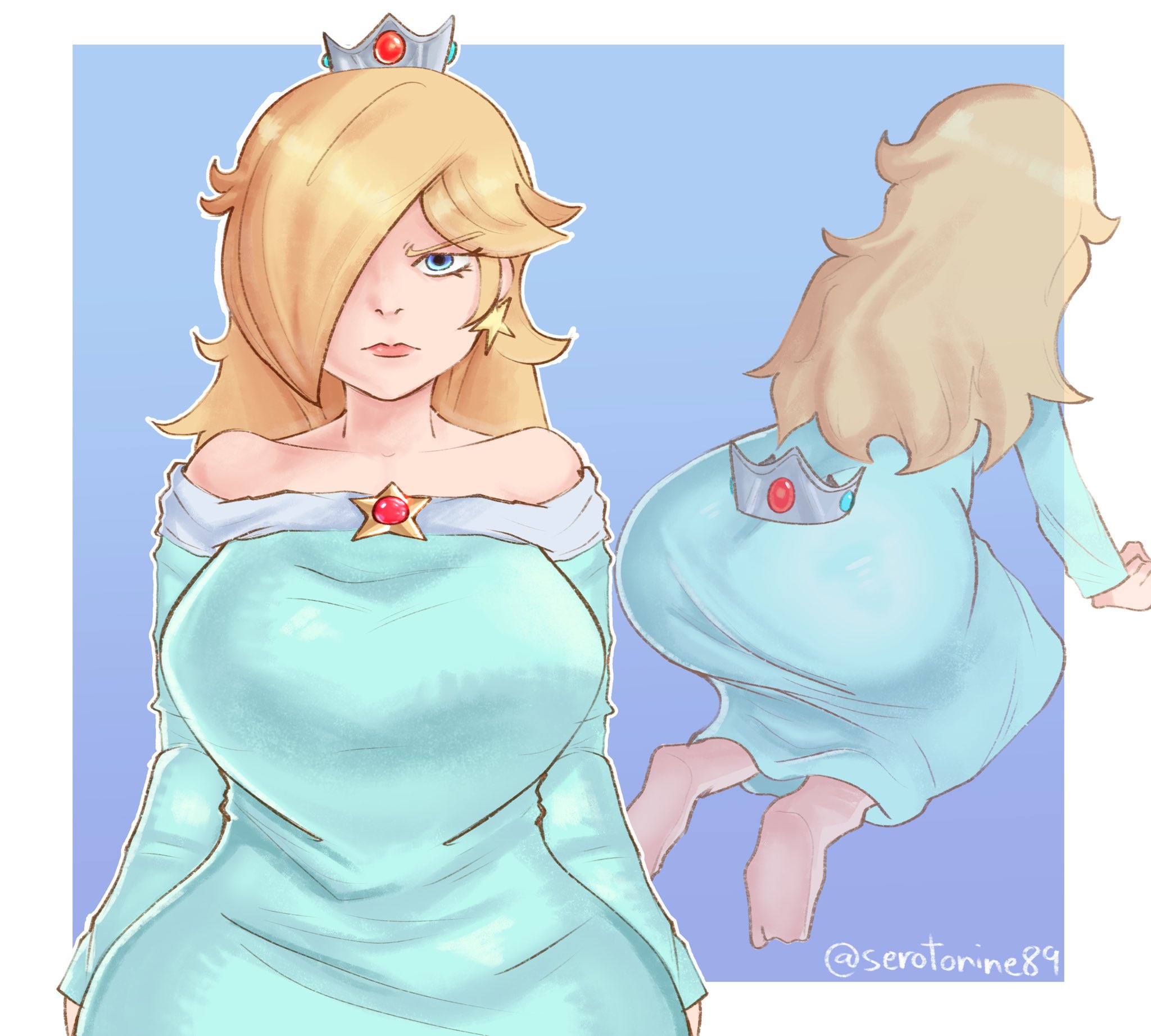 serotonine89, rosalina, mario (series), nintendo, super mario galaxy, the super mario bros. movie, hashtag-only commentary, highres, reference work, 1girl, all fours, alternate breast size (larger), angry, arms at sides, artist name, ass, blonde hair, blue background, blue dress, blue eyes, border, breasts, brooch, collarbone, crown, curly hair, curvy, dress, earrings, feet, female focus, from behind, frown, gradient background, hair over one eye, huge ass, jewelry, large breasts, long hair, long sleeves, looking at viewer, multiple views, off shoulder, outside border, pink lips, soles, star (symbol), star earrings, straight-on, unworn crown, white trim