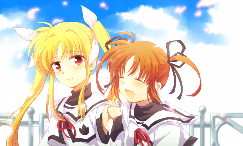 takana (nanao), fate testarossa, takamachi nanoha, lyrical nanoha, mahou shoujo lyrical nanoha, mahou shoujo lyrical nanoha a's, 00s, 2girls, blonde hair, blush, brown hair, closed eyes, hair ribbon, long hair, multiple girls, ribbon, school uniform, sky, smile, twintails