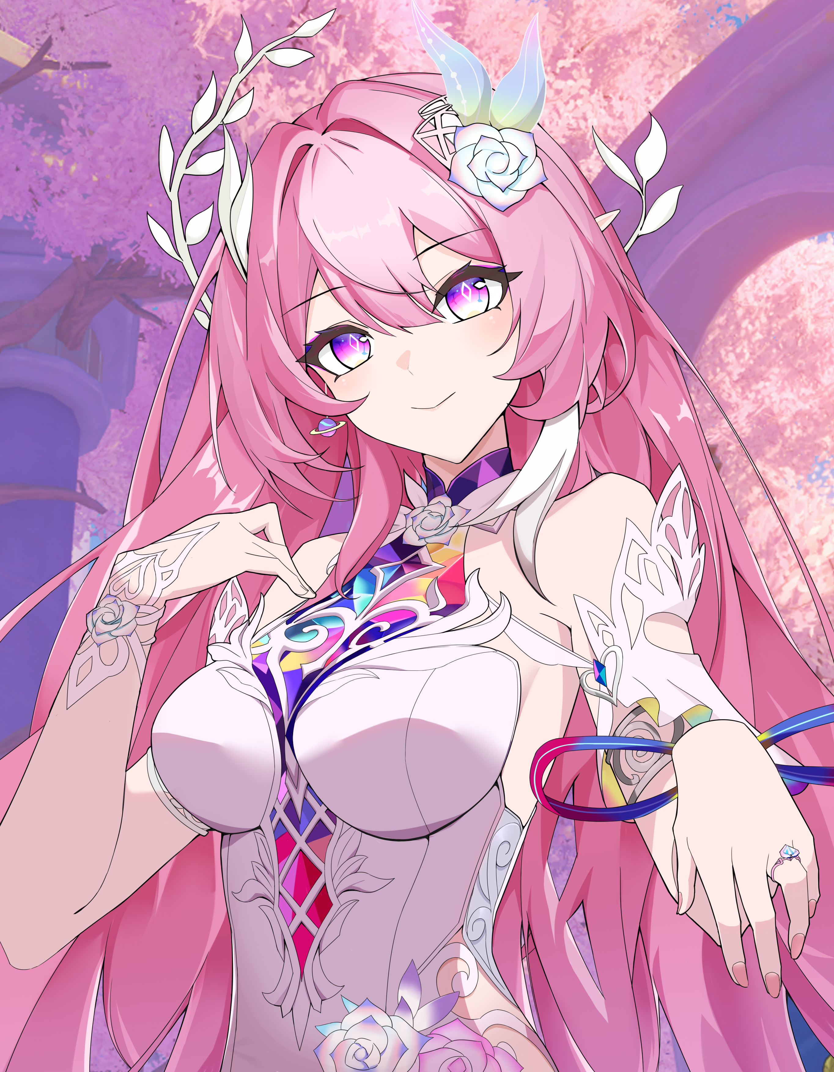 mka, cyrene (honkai: star rail), cyrene (ripples of past reverie) (honkai: star rail), honkai: star rail, honkai (series), absurdres, commentary, commentary request, english commentary, highres, mixed-language commentary, 1girl, bare shoulders, breasts, diamond-shaped pupils, diamond (shape), dress, earrings, halo, jewelry, large breasts, long hair, looking at viewer, multicolored hair, pink hair, purple eyes, ring, smile, solo, symbol-shaped pupils, two-tone hair, very long hair, wedding ring, white dress, white hair