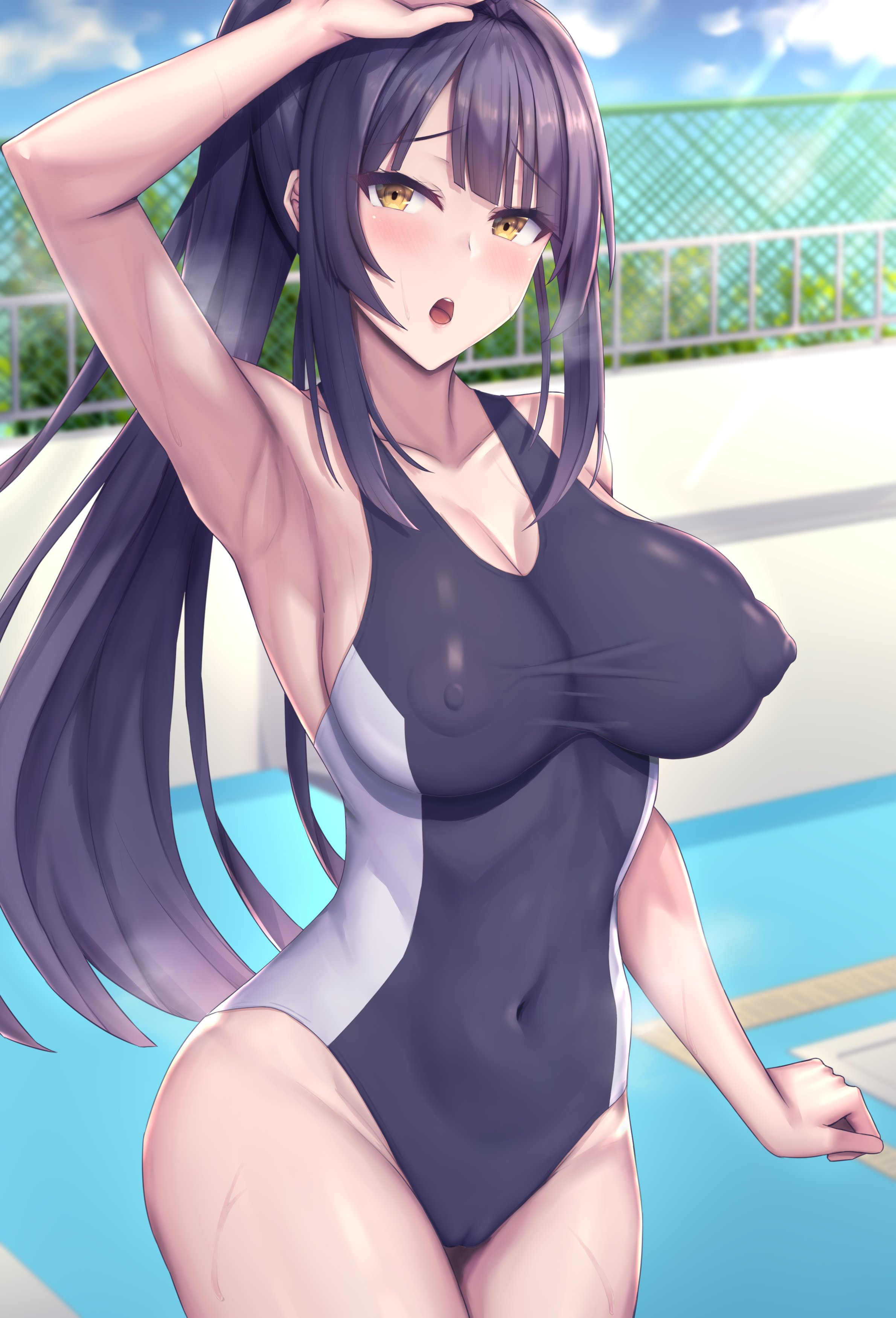 ohguro mariya, bemani, gitadora, absurdres, commentary request, highres, 1girl, arm up, armpits, black hair, black one-piece swimsuit, blue sky, blush, breasts, cleavage, cloud, covered erect nipples, covered navel, day, kyouka (gitadora), large breasts, long hair, one-piece swimsuit, outdoors, poolside, sky, solo, standing, swimsuit, thighs, very long hair, water