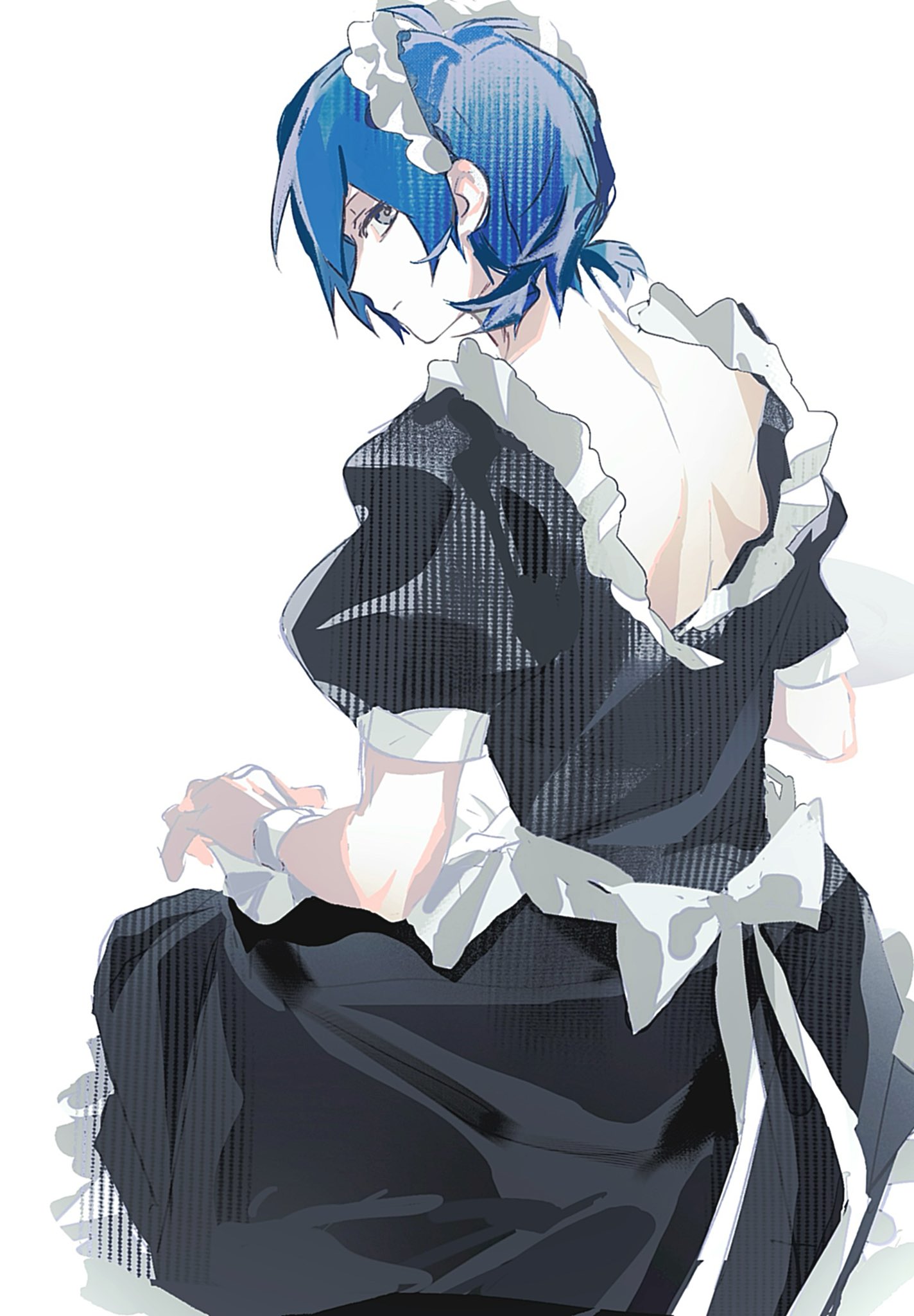 bmh 1009, yuuki makoto (persona 3), persona, persona 3, commentary request, highres, 1boy, back bow, black dress, blue hair, bow, closed mouth, crossdressing, crossdressing (mtf), dress, expressionless, frilled dress, frilled hairband, frills, from behind, grey eyes, hairband, looking at viewer, looking back, maid, maid headdress, median furrow, short hair, short sleeves, simple background, solo, white background, white bow, white hairband, white wrist cuffs, wrist cuffs