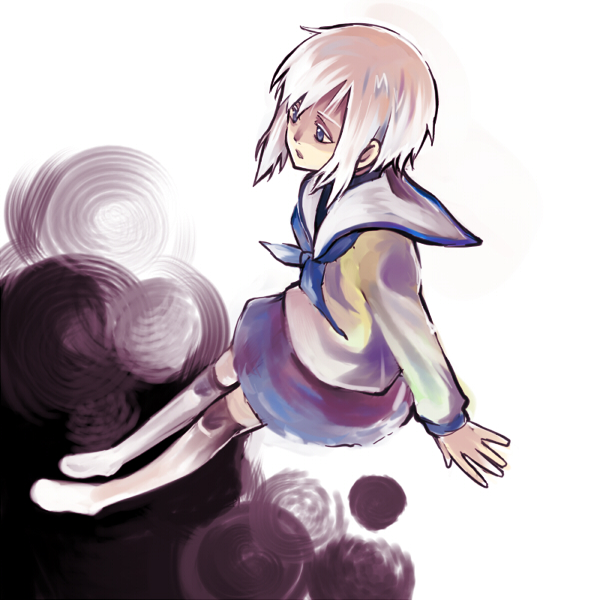 ichinashi, bad id, bad pixiv id, school uniform, short hair, skirt, solo, thighhighs, white hair, white thighhighs