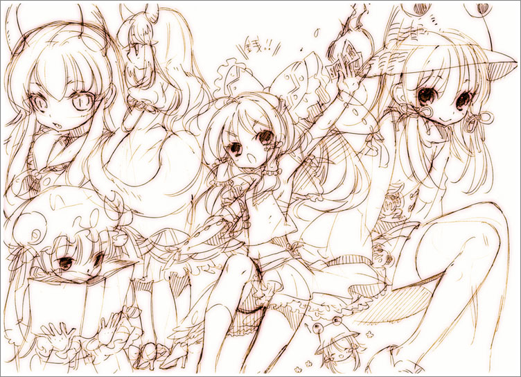 mitsubachi koucha, ex-keine, hakurei reimu, kamishirasawa keine, moriya suwako, patchouli knowledge, touhou, bad id, bad pixiv id, 4girls, book, brown theme, female focus, hat, horns, japanese clothes, miko, monochrome, multiple girls, sketch, skirt, smile