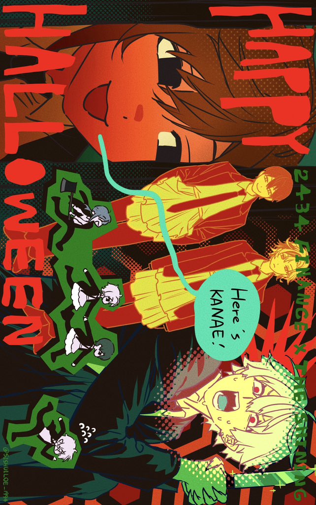 sishuiloe 1994, fuwa minato, grady sisters (the shining), kanae (nijisanji), kenmochi touya, kuzuha (nijisanji), nijisanji, the shining, hashtag-only commentary, 4boys, :3, ^ ^, alternate costume, axe, black eyes, black necktie, blazer, brown hair, chasing, chibi, chibi inset, closed eyes, closed mouth, collared shirt, color contrast, cosplay, earrings, empty eyes, english text, expressionless, fangs, fingernails, fleeing, flying sweatdrops, formal clothes, frown, grady sisters (the shining) (cosplay), halftone, hands in pockets, happy halloween, here's johnny! (meme), holding, holding axe, holding hands, holding knife, jacket, jewelry, kitchen knife, knife, lapels, layered skirt, looking to the side, male focus, meme, mole, mole under eye, multiple boys, necktie, nervous, nervous sweating, notched lapels, open mouth, pants, pants under skirt, parody, pointy ears, red eyes, running, scared, scene reference, screentones, sharp fingernails, shirt, short hair, sidelocks, sideways, sitting, skirt, smile, solid circle pupils, standing, suit, sweat, sweatdrop, twitter username, v-shaped eyebrows, white hair, white shirt, wing collar