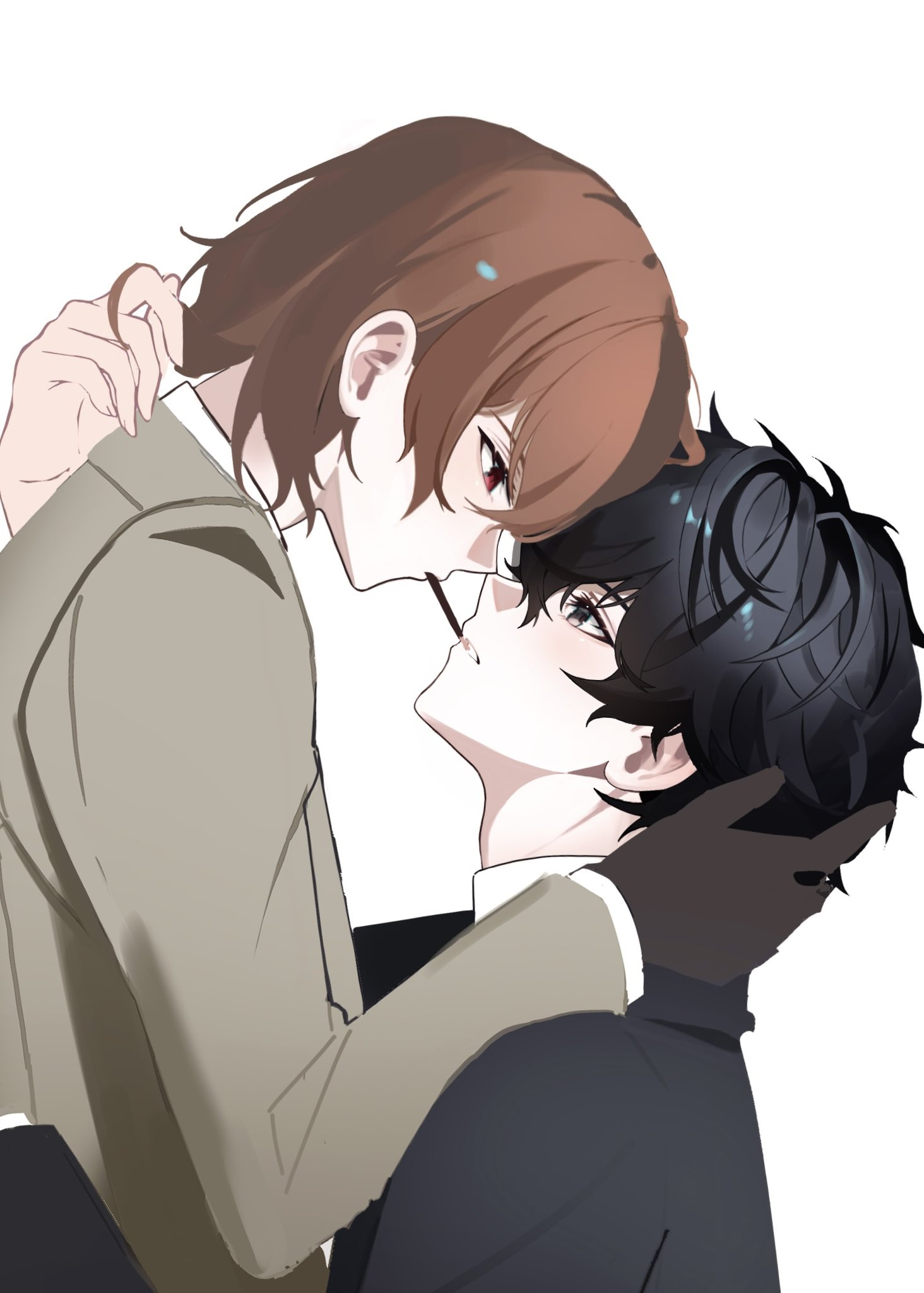 akechi gorou, amamiya ren, persona, persona 5, commentary request, hashtag-only commentary, highres, 2boys, black eyes, black hair, black jacket, boy on top, brown gloves, brown hair, brown jacket, food, food in mouth, gloves, half-closed eyes, hand on another's head, imminent pocky kiss, jacket, long sleeves, looking at another, male focus, multiple boys, noto102, pocky, pocky in mouth, red eyes, short hair, simple background, white background, yaoi