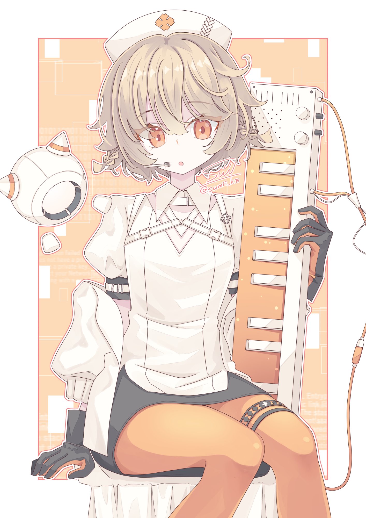 sumikaze, nurse robot type t, nurse robot type t (vocaloid6), utau, vocaloid, highres, 1girl, black gloves, black skirt, blonde hair, gloves, hair between eyes, hat, headset, instrument, keyboard (instrument), multicolored hair, nurse cap, orange eyes, orange gloves, orange pants, outline, pants, puffy short sleeves, puffy sleeves, shirt, short sleeves, sitting, skirt, solo, twitter username, two-tone hair, white shirt