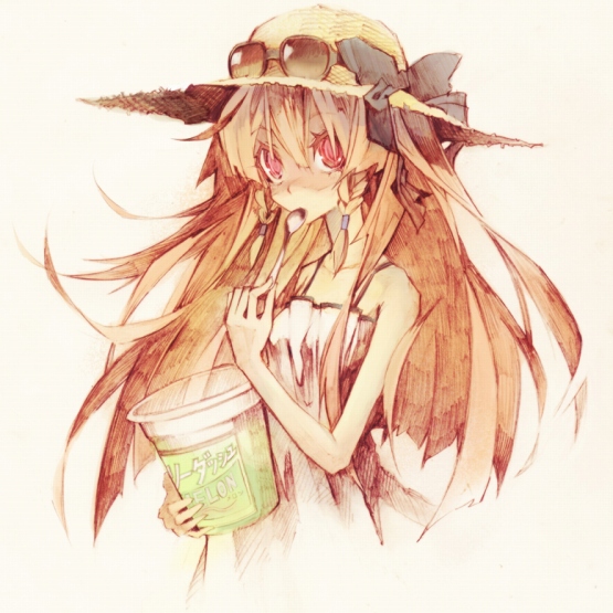 banpai akira, kula diamond, snk, the king of fighters, braid, brown hair, dress, food, hat, ice cream, long hair, ribbon, spoon, sunglasses, twin braids