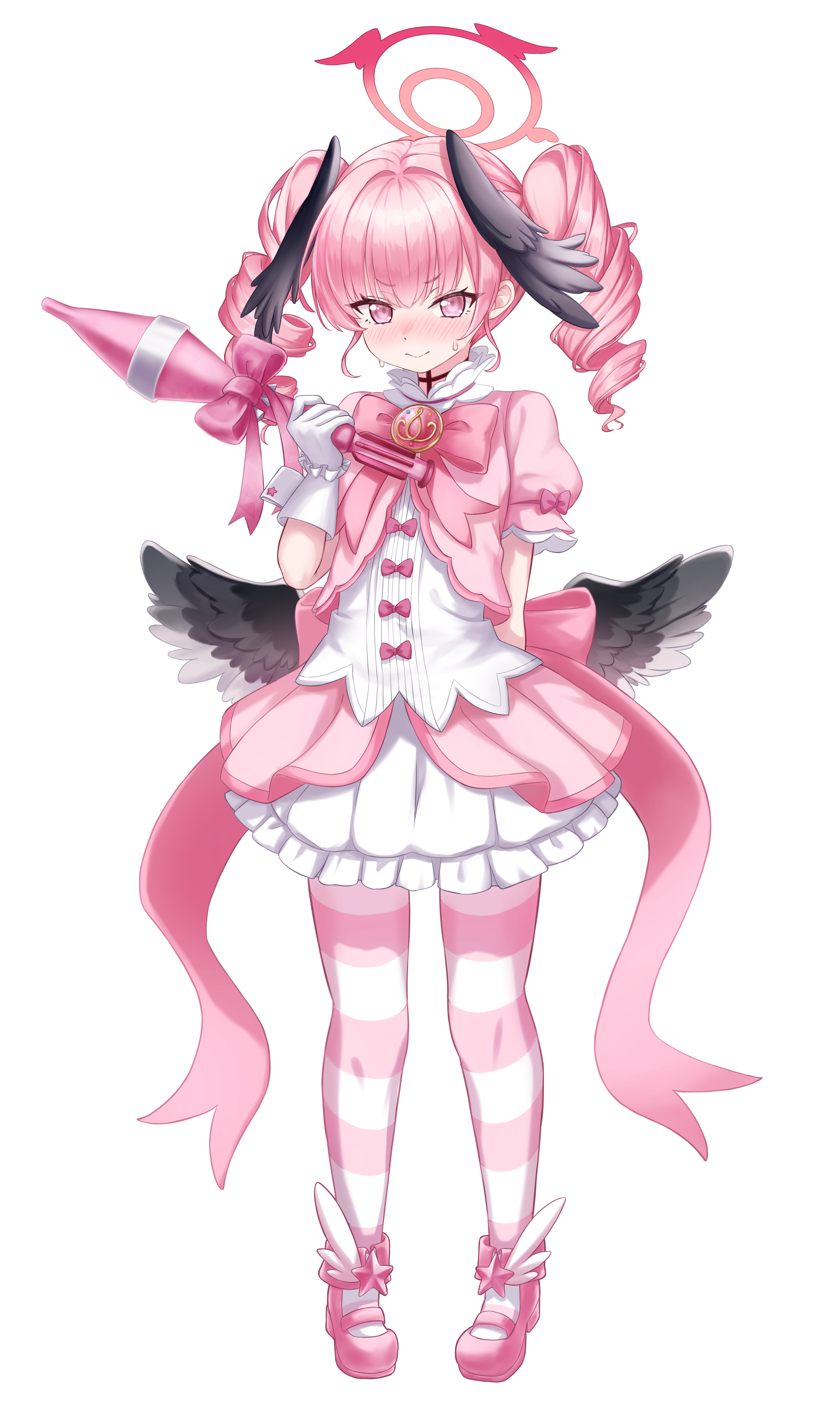 kuma piv, koharu (blue archive), reisa (blue archive), reisa (magical) (blue archive), blue archive, absurdres, commentary, highres, 1girl, alternate costume, alternate hairstyle, arm behind back, black wings, blush, bow, closed mouth, cosplay, drill hair, feathered wings, gloves, halo, head wings, holding rocket, jacket, low wings, magical girl, pantyhose, pink bow, pink eyes, pink hair, pink jacket, pink pantyhose, pink shoes, red halo, reisa (blue archive) (cosplay), rocket, shirt, shoes, short sleeves, sidelocks, skirt, smile, solo, striped clothes, striped pantyhose, sweat, twin drills, white gloves, white shirt, white skirt, wings