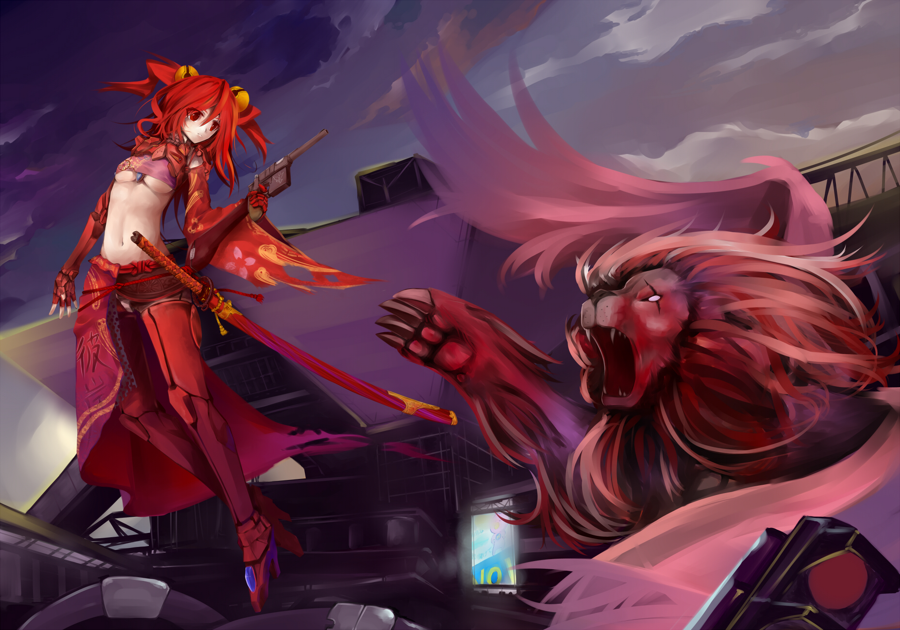 baraen, bad id, bad pixiv id, highres, 1girl, armor, breasts, greaves, gun, katana, large breasts, lion, long hair, midriff, red hair, sword, underboob, weapon