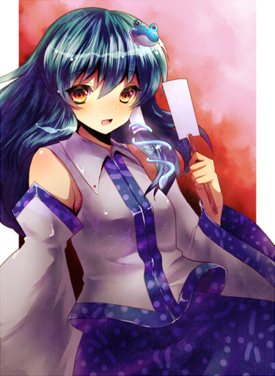 higashi yuzu, kochiya sanae, touhou, 1girl, detached sleeves, female focus, frog, gohei, green hair, hair ornament, oonusa, short hair, snake, solo, yellow eyes