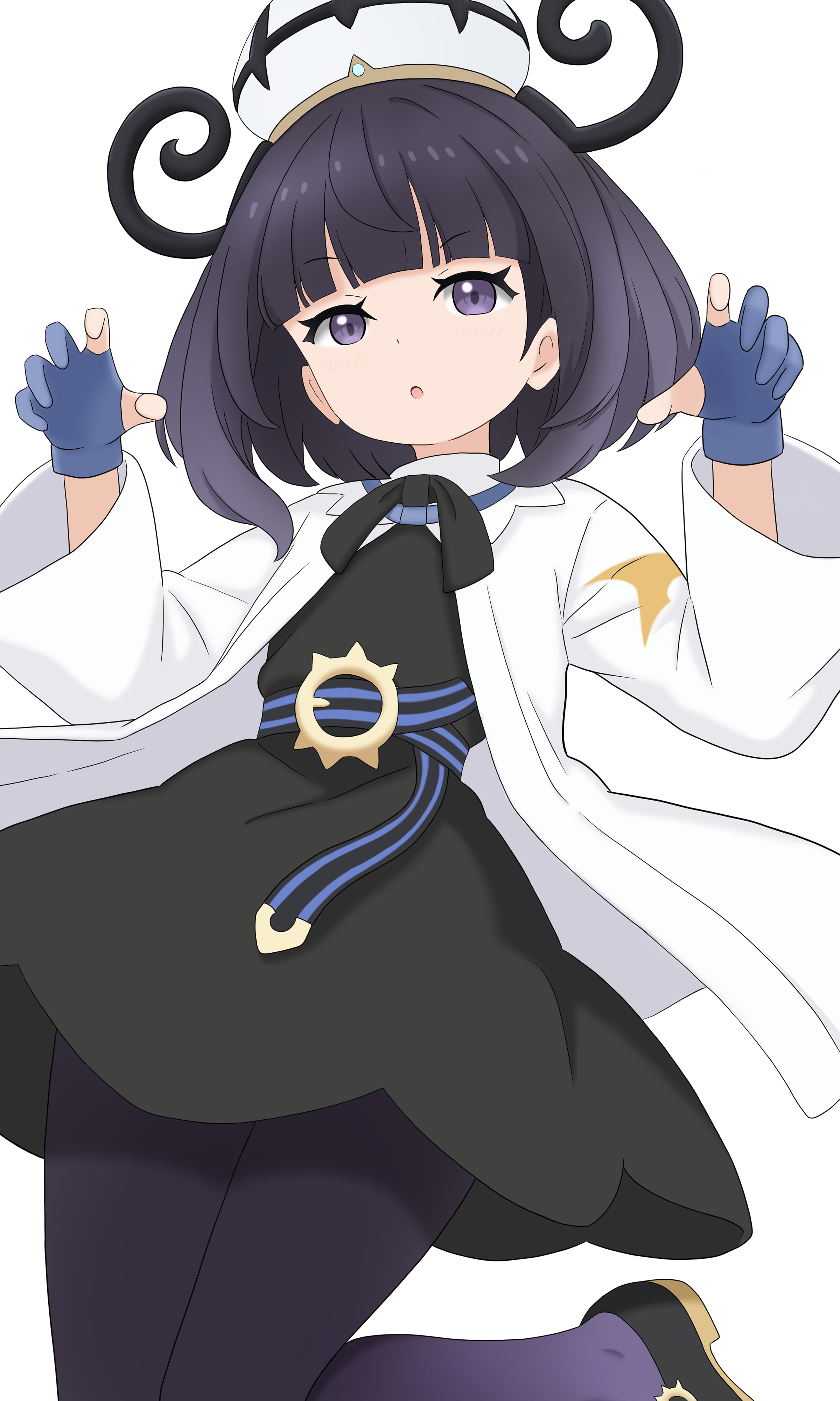 ka2ya aaa, gwynn (pokemon), nintendo, pokemon, pokemon legends: z-a, absurdres, hashtag-only commentary, highres, 1girl, :o, belt, belt buckle, black dress, black hair, black shoes, blunt bangs, bob cut, buckle, coat, dress, ghost pose, gloves, hat, leg up, long sleeves, looking at viewer, o-ring, o-ring belt, open clothes, open coat, open mouth, pantyhose, partially fingerless gloves, purple eyes, purple pantyhose, shoes, short hair, simple background, solo, white background, white coat