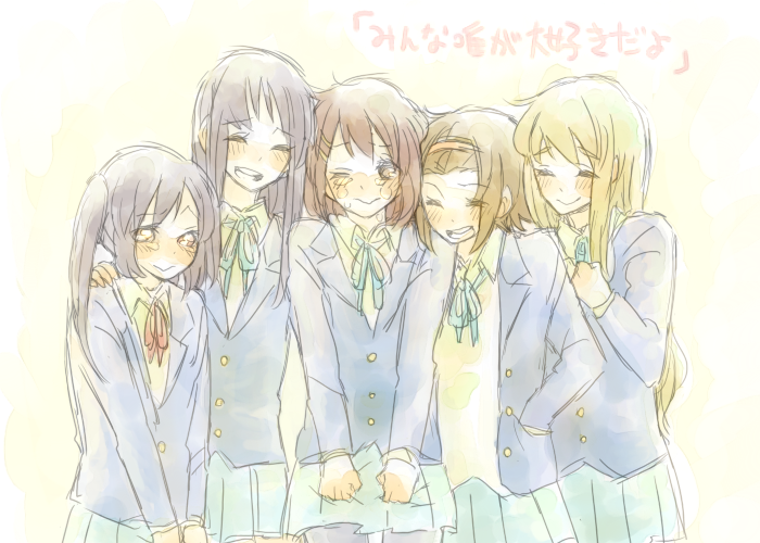 kemuko, minarei, akiyama mio, hirasawa yui, kotobuki tsumugi, nakano azusa, tainaka ritsu, k-on!, translated, 00s, 5girls, black hair, blazer, blonde hair, brown hair, crying, crying with eyes open, ho-kago tea time, jacket, long hair, multiple girls, one eye closed, school uniform, short hair, tears