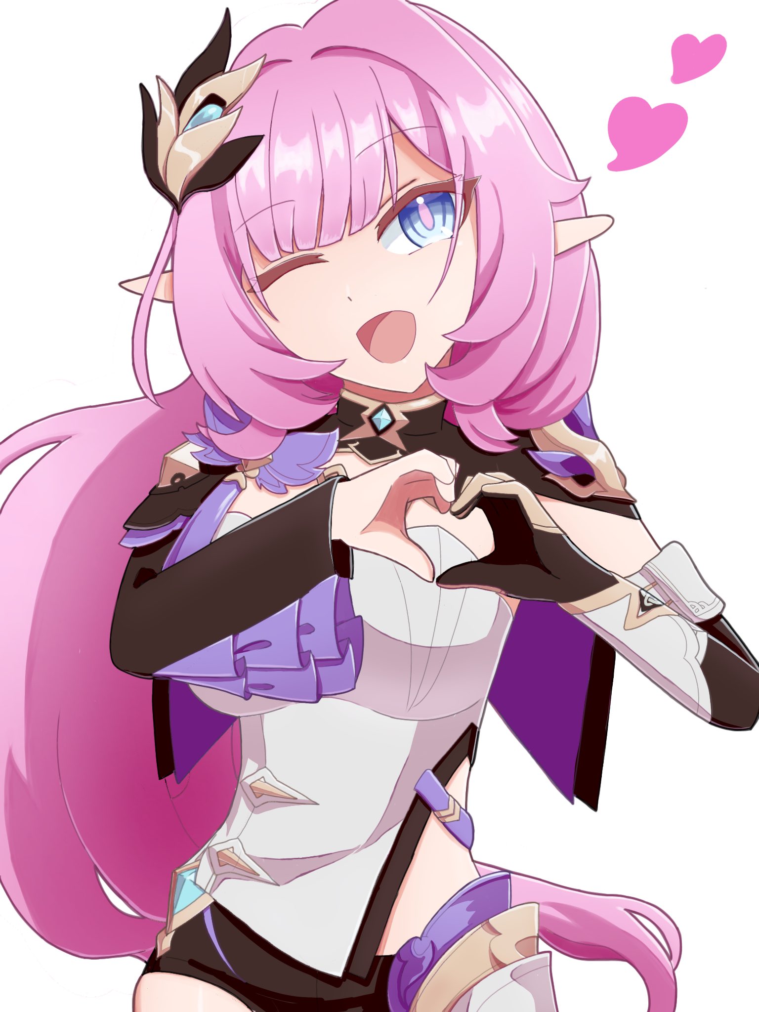 elysia (honkai impact), elysia (miss pink elf) (honkai impact), honkai (series), honkai impact 3rd, commentary request, highres, 1girl, ;o, black gloves, black shorts, blue eyes, breasts, corset, elf, gloves, hair ornament, heart, heart hands, large breasts, long hair, looking at viewer, micro shorts, one eye closed, pink hair, pointy ears, rkrqz, shorts, simple background, single glove, solo, very long hair, white background, white corset
