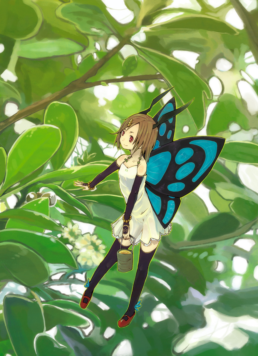 hrd, original, highres, 1girl, brown hair, bucket, butterfly wings, dress, elbow gloves, fairy, female focus, flying, gloves, horns, insect wings, mini person, minigirl, red eyes, short hair, smile, solo, sundress, thighhighs, wings