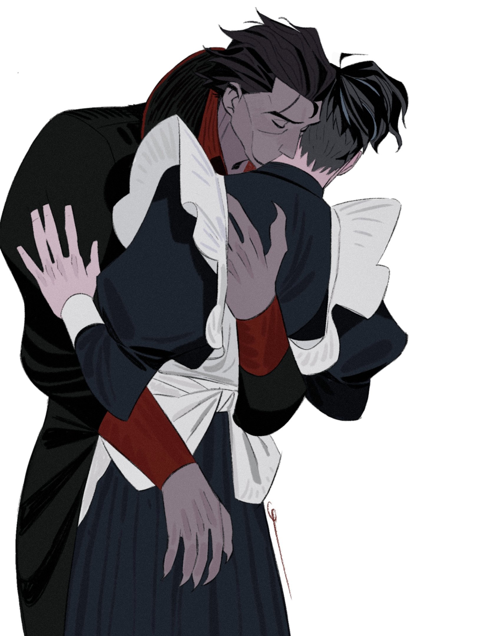 dingnin98201637, miguel o'hara, peter b parker, marvel, spider-man: across the spider-verse, spider-man (series), spider-verse, commentary request, highres, 2boys, alternate costume, apron, black coat, black dress, brown hair, closed eyes, coat, crossdressing, crossdressing (mtf), dark-skinned male, dark skin, dress, enmaided, fingernails, frilled apron, frills, hair slicked back, hand on another's back, juliet sleeves, kiss, kissing neck, long sleeves, maid, maid apron, male focus, male maid, multiple boys, puffy sleeves, sharp fingernails, simple background, standing, vampire, white apron, white background, yaoi