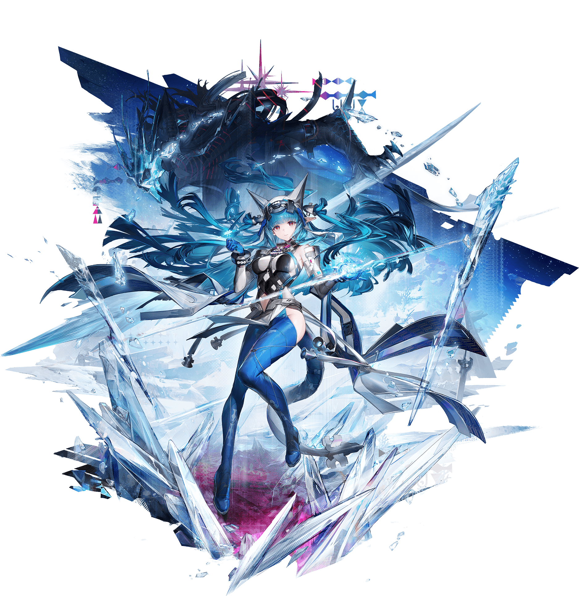 liduke, arknights, arknights: endfield, highres, official art, tagme, 1girl, blue gloves, blue hair, full body, gloves, high heels, ice, last rite (arknights), long hair, pointy ears, red eyes, tail