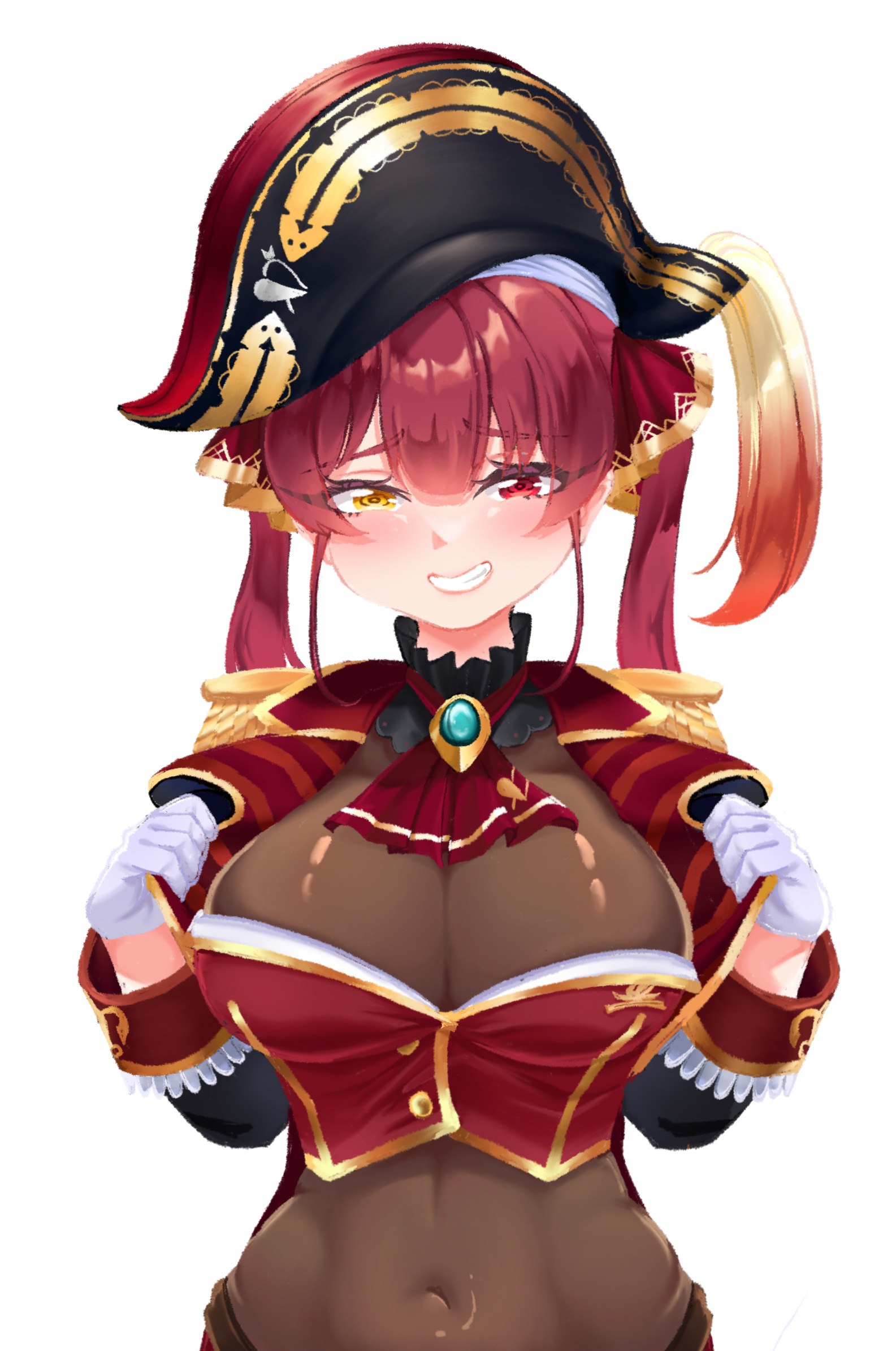 rorol reime, houshou marine, houshou marine (1st costume), hololive, highres, 1girl, black hat, breasts, brown leotard, cleavage, closed mouth, cropped jacket, gloves, hat, heterochromia, jacket, large breasts, leotard, leotard under clothes, long hair, looking at viewer, open clothes, open jacket, pirate hat, red eyes, red hair, red jacket, smile, solo, virtual youtuber, white gloves, yellow eyes