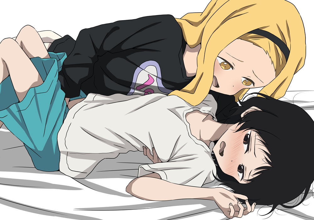 kirarazaka marina, kuze shizuka, takopii no genzai, commentary request, partial commentary, 2girls, black hair, black hairband, black shirt, blonde hair, blue shorts, blush, brown eyes, fingering, hairband, multiple girls, nekomimi jc, open mouth, shirt, short hair, shorts, white background, white shirt, yellow eyes, yuri