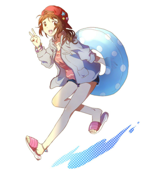 riru, bad id, bad pixiv id, brown eyes, brown hair, hat, innertube, jacket, jewelry, legs, long hair, running, sandals, shorts, solo, swim ring, v