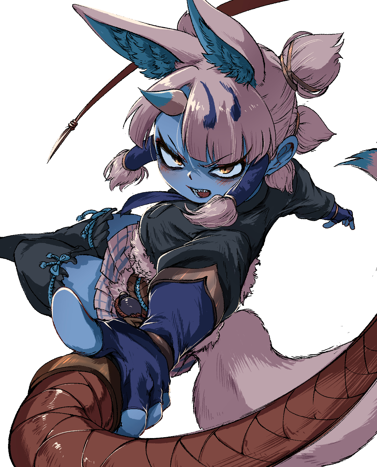 mcgunngu, ginkaku (kemono friends), kemono friends, highres, 1girl, animal ears, belt, black shirt, black thighhighs, blue gloves, blue hair, blue necktie, blue skin, blunt bangs, blush, brown belt, collared shirt, colored skin, elbow gloves, extra ears, fingerless gloves, fox ears, fox girl, fox tail, fur trim, gloves, grey skirt, hair tubes, horns, looking at viewer, multicolored hair, necktie, plaid clothes, plaid skirt, pleated skirt, puffy sleeves, quad tails, shirt, short twintails, sidelocks, single horn, skirt, solo, t-shirt, tail, thighhighs, twintails, whip, white fur, white hair, yellow eyes, zettai ryouiki