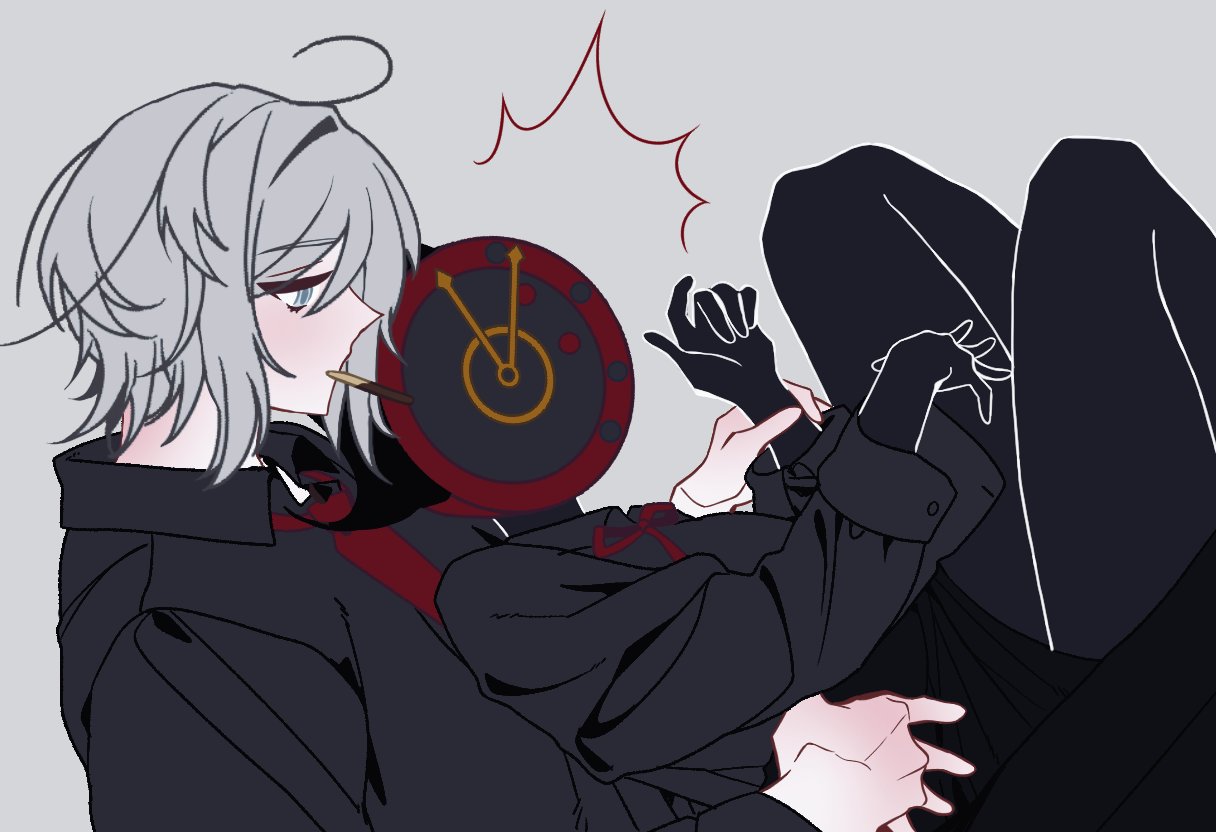 dante (limbus company), faust (project moon), limbus company, project moon, 2girls, black shirt, black skin, black skirt, blue eyes, clock, collared shirt, colored skin, fire, genderswap, genderswap (otf), grey background, knees up, long sleeves, multiple girls, necktie, red necktie, rodionlotte, shirt, short hair, simple background, skirt, white hair