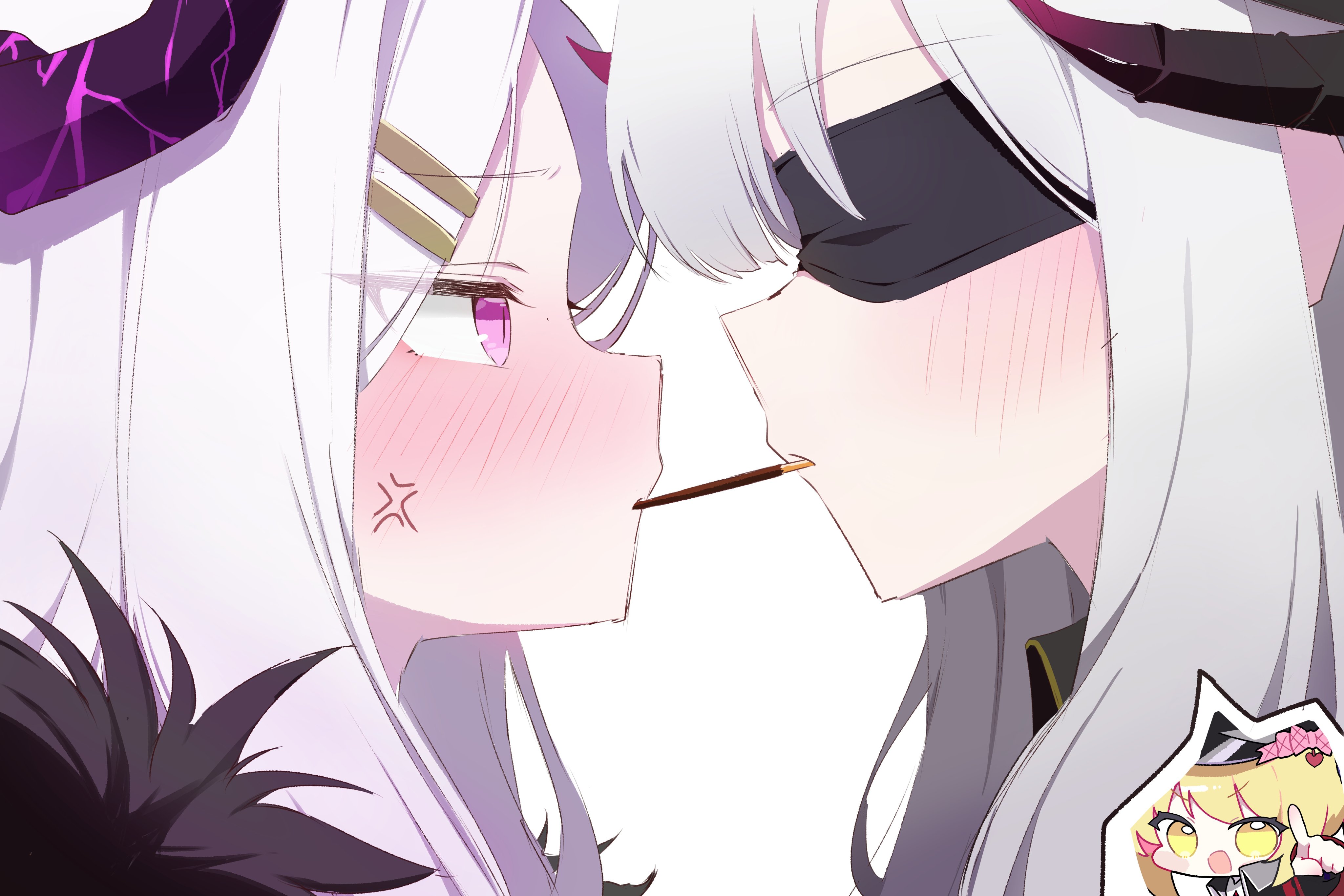 hina (blue archive), ibuki (blue archive), makoto (blue archive), blue archive, absurdres, highres, 3girls, blonde hair, blush, demon girl, demon horns, food, hat, horns, ikka0725, long hair, multiple girls, pocky, pocky day, purple eyes, white hair, yellow eyes, yuri