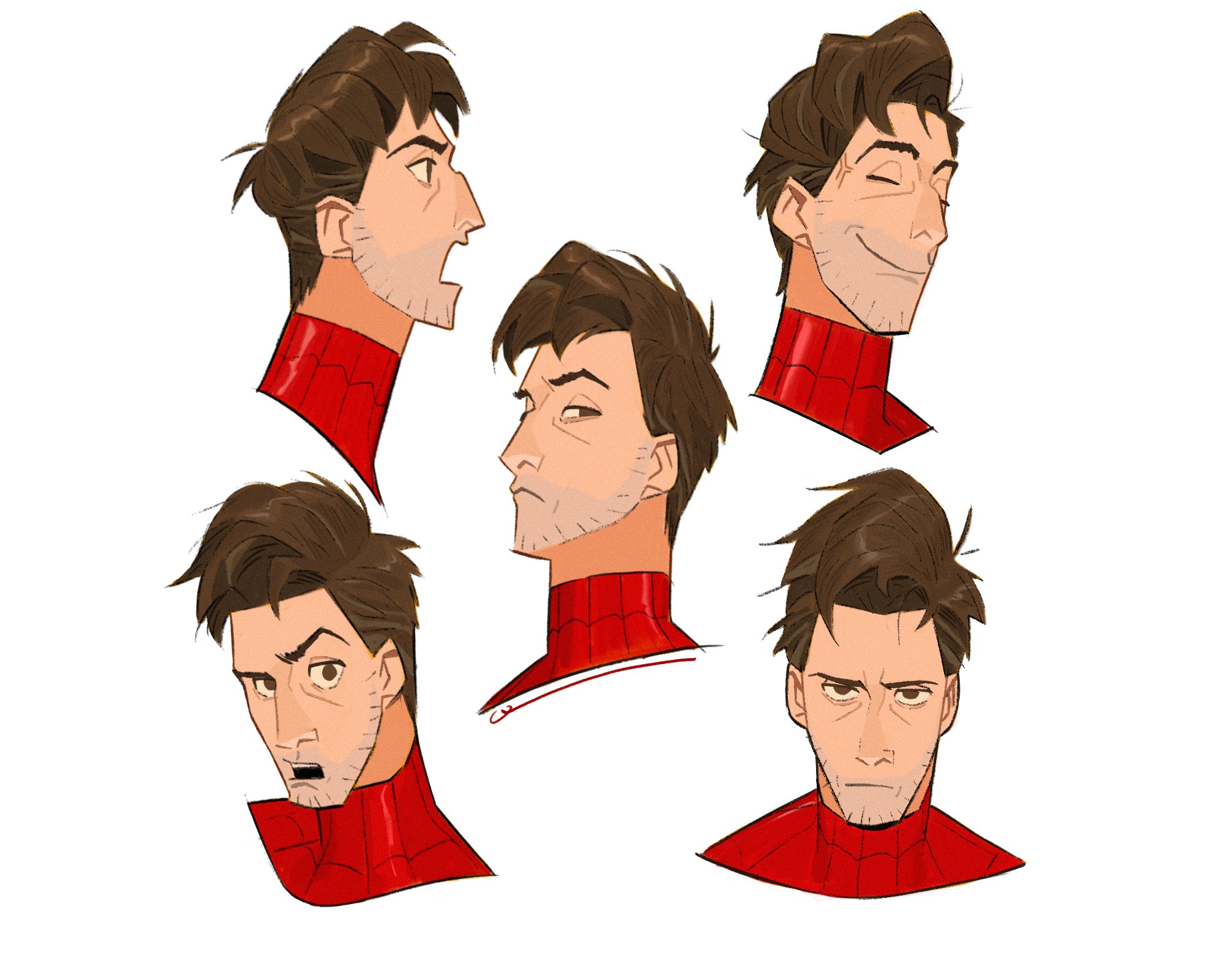 dingnin98201637, peter b parker, spider-man, marvel, spider-man: across the spider-verse, spider-man (series), spider-verse, hashtag-only commentary, highres, 1boy, beard stubble, bodysuit, brown eyes, brown hair, closed mouth, cropped shoulders, facial hair, frown, looking to the side, male focus, multiple expressions, multiple views, open mouth, red bodysuit, short hair, sideways glance, simple background, spider web print, stubble, teeth, upper teeth only, white background