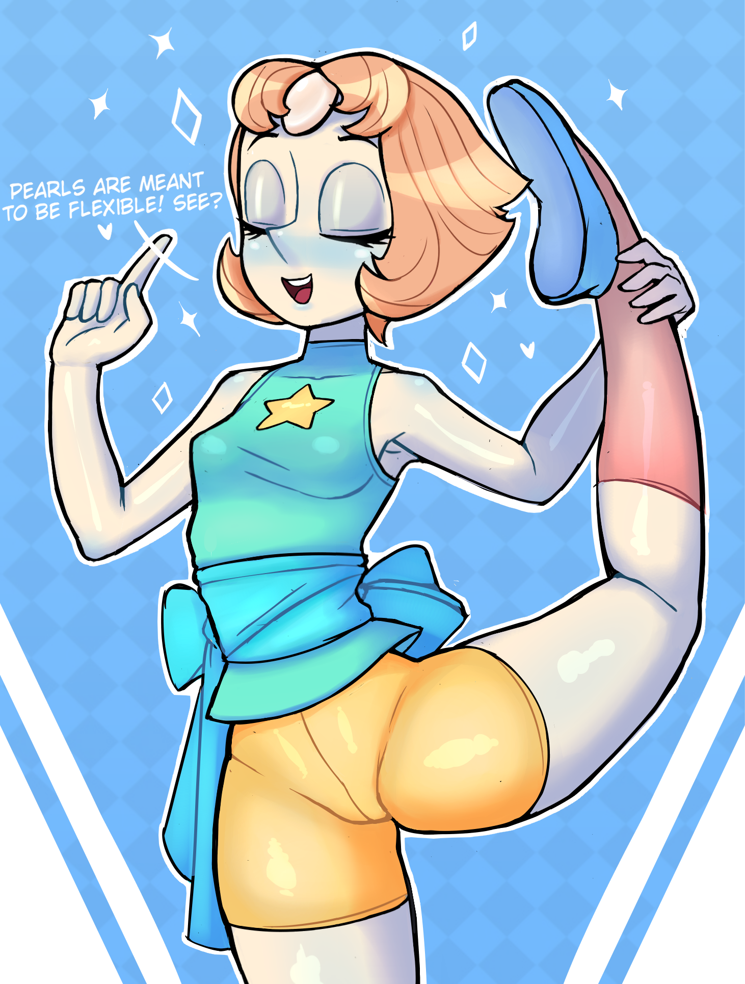 rukisan(pixiv), pearl (steven universe), cartoon network, steven universe, 1girl, alien, ballerina, ballet slippers, bike shorts, blue background, blue bow, blue shirt, blue shoes, blush, bow, breasts, brown hair, checkered background, closed eyes, diamond (shape), forehead jewel, gem, heart, holding own leg, index finger raised, open mouth, pale skin, pearl (gemstone), pink socks, pointy nose, print shirt, shirt, shoes, short hair, sleeveless, sleeveless shirt, small breasts, smile, socks, sparkle, standing, standing on one leg, star (symbol), star print, teeth, thick thighs, thighs, waist bow, yellow bike shorts