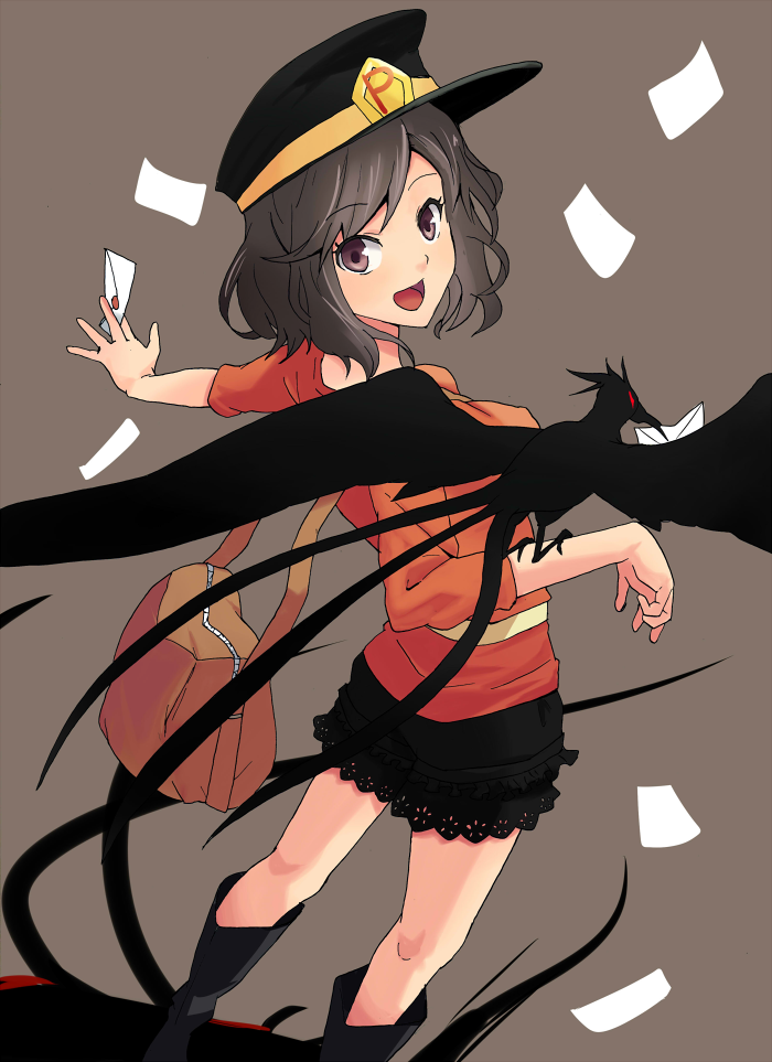 hyakuen raitaa, original, pixiv, pixiv shadow, bad id, bad pixiv id, 1girl, animal on arm, bag, bird, bird on arm, black hair, female focus, grey hair, hat, letter, looking back, mail, purple eyes, satchel, skirt, solo