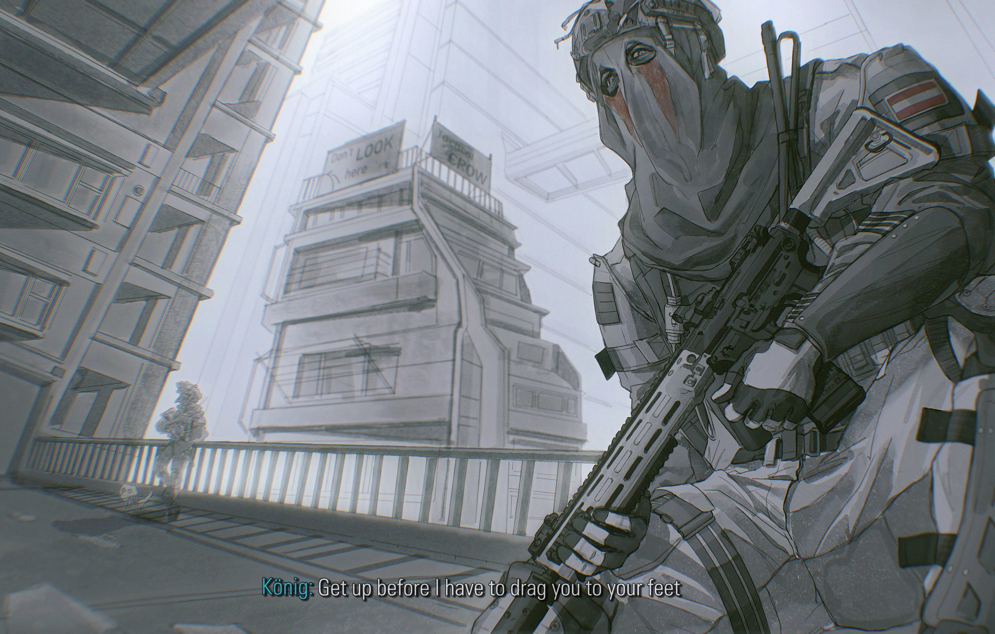 konig (call of duty), call of duty, highres, 1boy, 1other, against railing, assault rifle, blue eyes, building, caption, character name, covered face, english text, fingerless gloves, fire escape, from below, gloves, gun, holding, holding gun, holding weapon, looking at viewer, mask, outdoors, partially colored, railing, rifle, seencrow, shadow, sign, solo focus, weapon, window