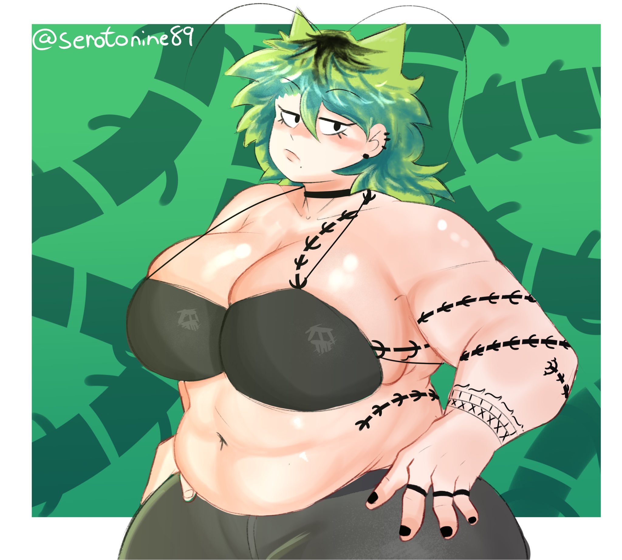 serotonine89, rochi (rrrroch1), original, commentary, english commentary, highres, variant set, antenna hair, black bra, black choker, black eyes, black pants, border, borrowed character, bra, breasts, centipede print, choker, cleavage, ear piercing, earrings, fat, fat woman, frown, gradient hair, green background, green hair, hair between eyes, high-waist pants, jewelry, mole, mole under mouth, multicolored hair, muscular, muscular arms, muscular female, navel, outside border, pants, patterned background, piercing, shiny skin, shirt, short hair, skull print, underwear, unworn shirt