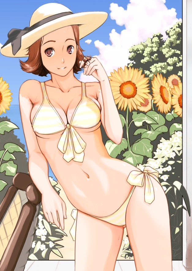 nanahime, original, bad id, bad pixiv id, 1girl, adjusting hair, bikini, breasts, brown eyes, brown hair, cleavage, day, female focus, flower, front-tie top, hat, medium breasts, navel, panties, side-tie bikini bottom, side-tie panties, sky, solo, striped bikini, striped clothes, sunflower, swimsuit, underboob, underwear, yellow bikini
