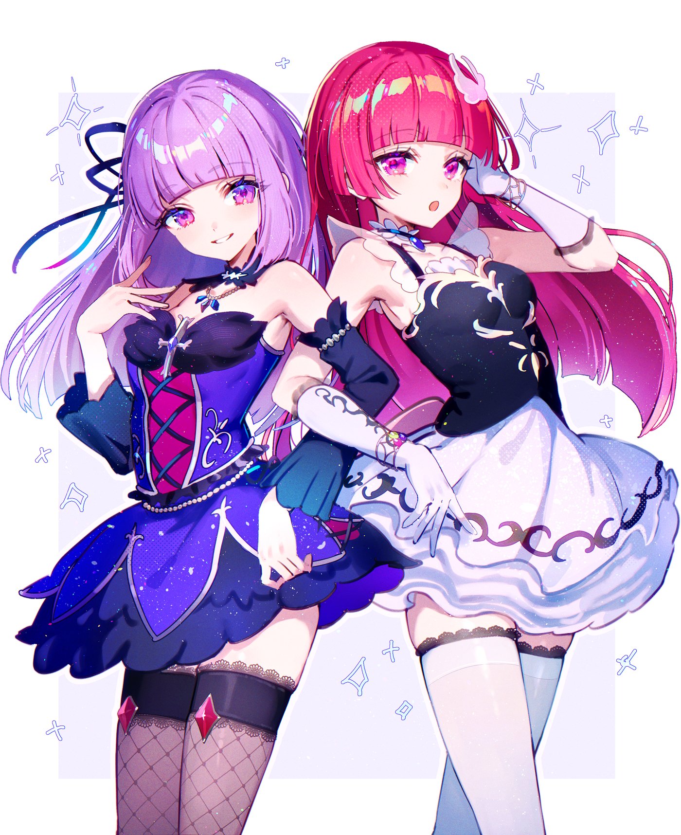 tawan (46okuneeen), hikami sumire, hojo sophy, aikatsu!, aikatsu! (series), pretty series, pripara, commentary request, highres, 2girls, :d, aikatsu! x pripara the movie -deai no kiseki!-, bare shoulders, black shirt, black thighhighs, blue dress, blunt bangs, blunt ends, breasts, crossover, detached sleeves, dress, feet out of frame, gloves, hand up, hat, idol clothes, long hair, looking at viewer, mini hat, mini top hat, multiple girls, open mouth, purple eyes, purple hair, red hair, shirt, short dress, skirt, small breasts, smile, standing, thighhighs, top hat, white gloves, white skirt, white thighhighs