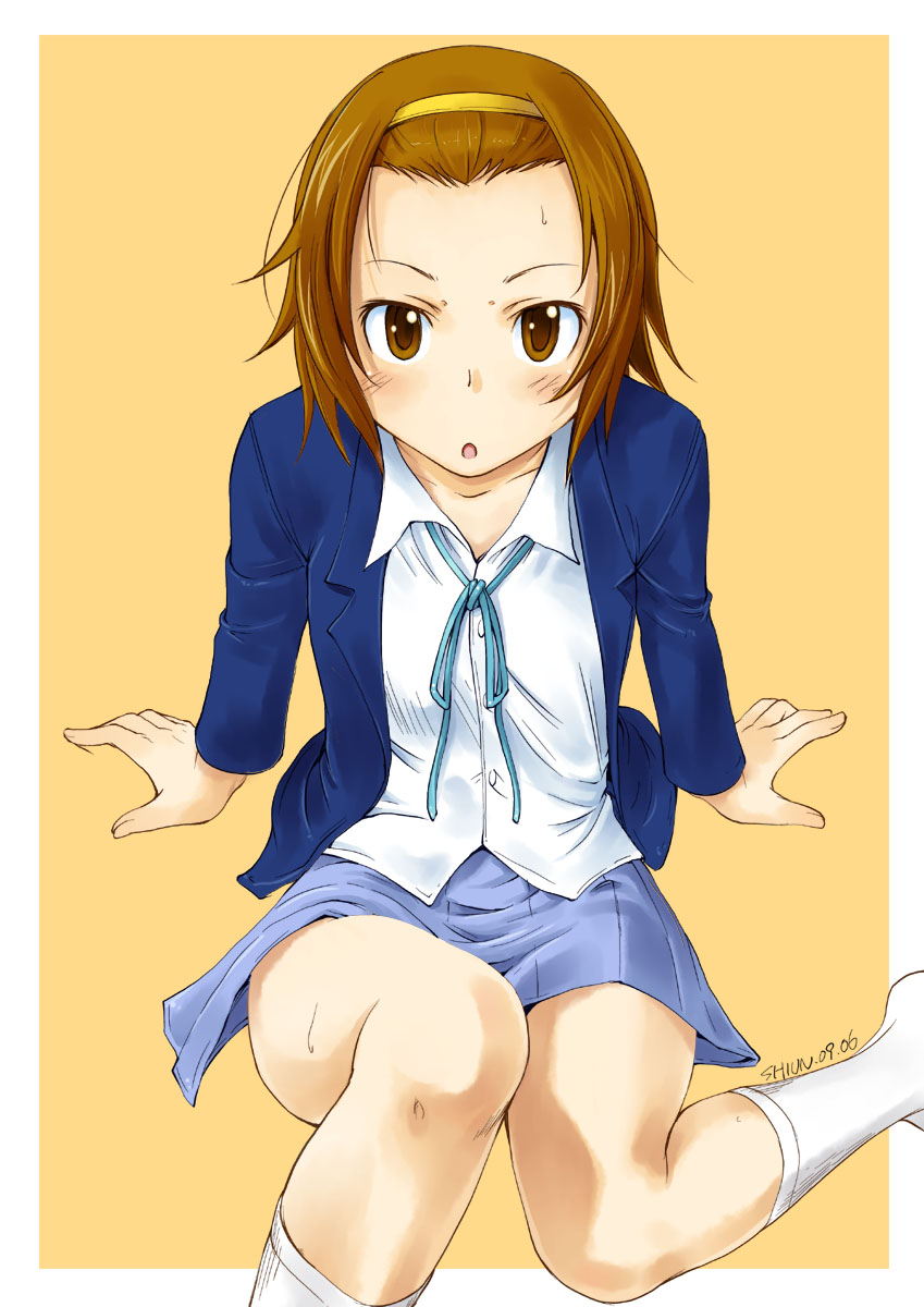 kuboshun, tainaka ritsu, k-on!, highres, 00s, 1girl, :o, arm support, blazer, blush, brown eyes, brown hair, female focus, forehead, hairband, jacket, legs, school uniform, short hair, skirt, socks, solo, white socks