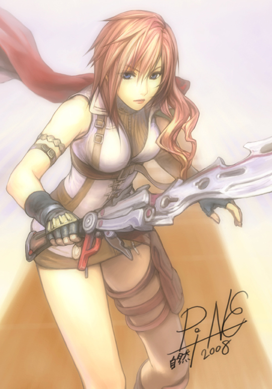 jayun, lightning farron, final fantasy, final fantasy xiii, 10s, 1girl, belt, blue eyes, cape, female focus, gun, holster, long hair, miniskirt, pink hair, signature, skirt, solo, strap, sword, thigh strap, weapon