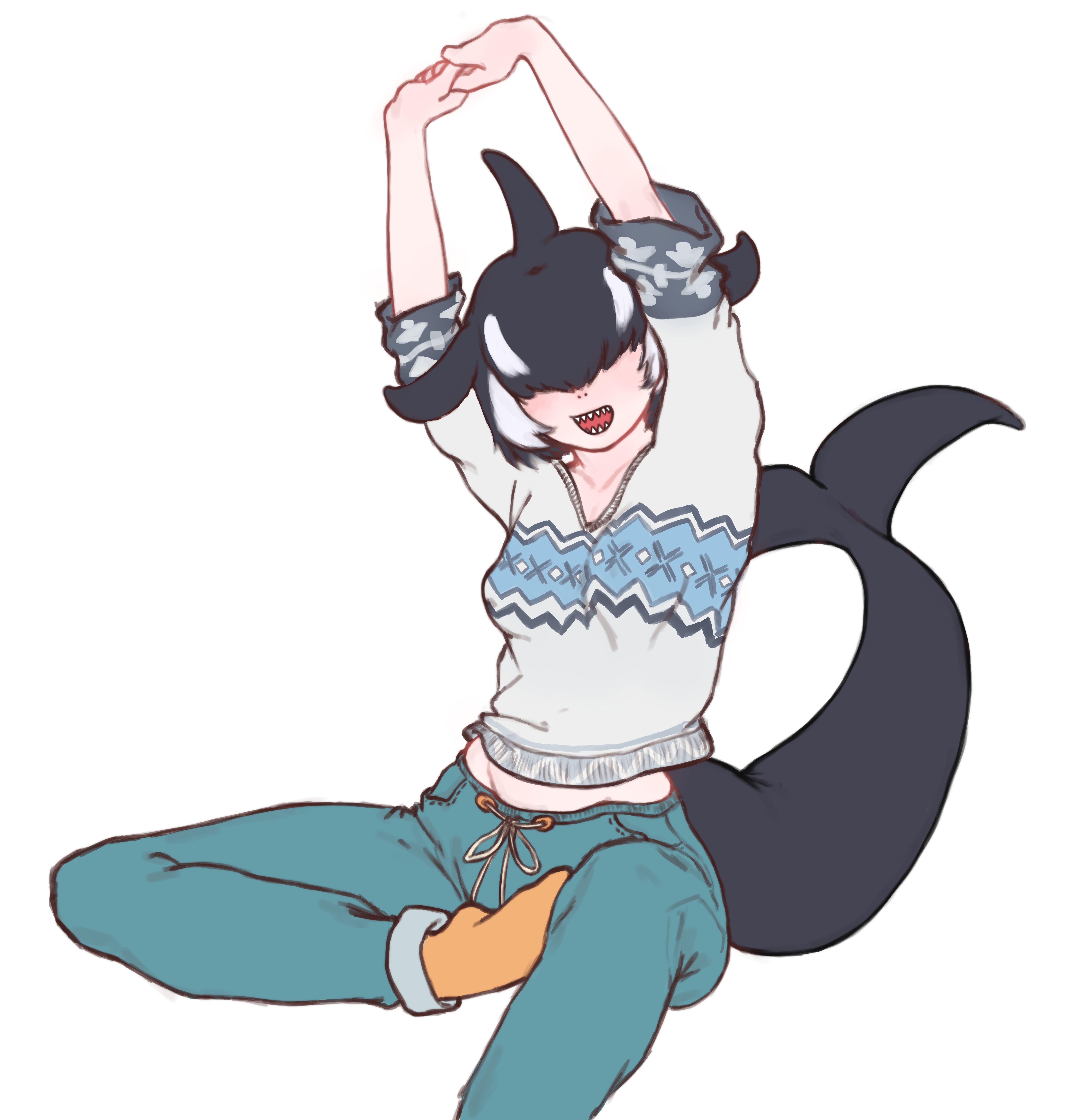 10tile, orca (kemono friends), kemono friends, kemono friends 3, absurdres, commentary, english commentary, highres, variant set, 1girl, aqua pants, arms up, black hair, blowhole, cetacean tail, covered eyes, dolphin girl, dorsal fin, drawstring, facing viewer, fins, fish tail, hair over eyes, head fins, long bangs, medium hair, midriff peek, multicolored hair, open mouth, orange socks, orca girl, own hands together, pants, simple background, sitting, smile, socks, solo, stretching, sweater, sweatpants, tail, two-tone hair, v-neck, white hair