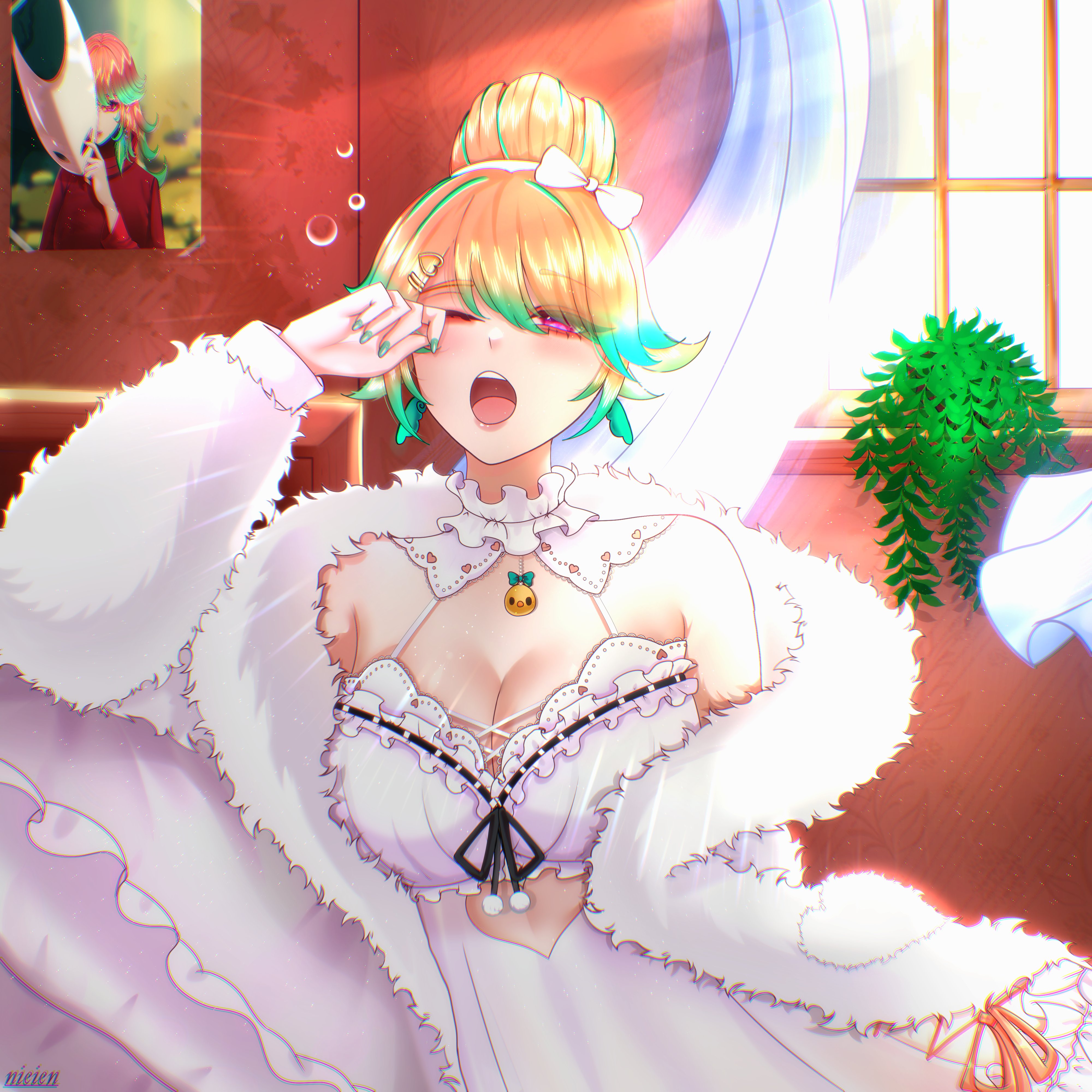 hornet (hollow knight), takanashi kiara, hollow knight, hollow knight: silksong, hololive, hololive english, absurdres, highres, 1girl, ;o, babydoll, bow, breasts, chemise, cleavage, clothing cutout, cosplay, fluffy clothes, frills, fur jacket, green hair, hair bow, hair bun, heart cutout, horned mask, hornet (hollow knight) (cosplay), jacket, lace-trimmed nightgown, large breasts, looking at viewer, mask, multicolored hair, nieien, official alternate costume, official alternate hairstyle, one eye closed, open mouth, orange hair, purple eyes, sleepy, solo, squeans, takanashi kiara (cozy), two-tone hair, virtual youtuber, white babydoll, white chemise, white jacket, white mask, yawning