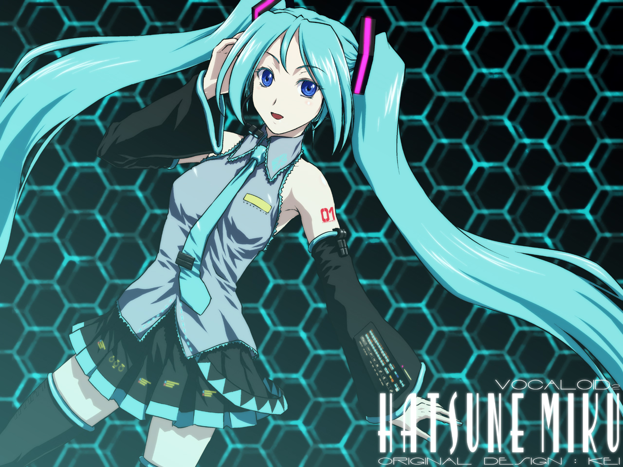 iga tomoteru, hatsune miku, vocaloid, bad id, bad pixiv id, 1girl, :d, aqua eyes, aqua hair, aqua nails, armpits, bare shoulders, belt, belt skirt, black skirt, black thighhighs, blue eyes, blurry, breasts, character name, colored eyelashes, copyright name, depth of field, female focus, hair ornament, hand on own head, hand up, headset, honeycomb (pattern), honeycomb background, honeycomb pattern, lace, long hair, looking at viewer, miniskirt, nail polish, necktie, open mouth, parted bangs, pleated skirt, skirt, small breasts, smile, solo, standing, tattoo, thighhighs, twintails, very long hair, wide sleeves, wing collar, zettai ryouiki