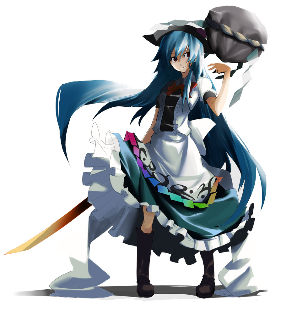 gintarou (kurousagi108), hinanawi tenshi, touhou, 1girl, blue hair, boots, female focus, hat, kaname-ishi, red eyes, rock, rope, shimenawa, solo, sword, sword of hisou, weapon