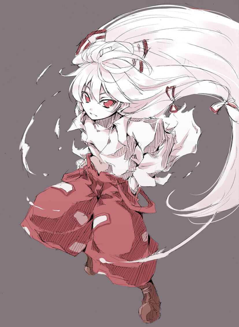 tooya, touya (the-moon), fujiwara no mokou, touhou, silver hair, 1girl, female focus, hair ribbon, long hair, red eyes, ribbon, simple background, solo, torn clothes