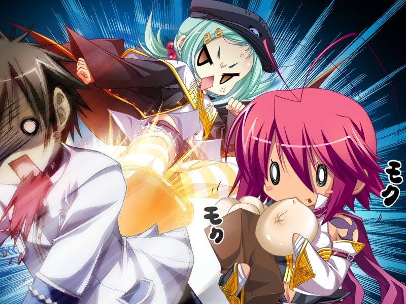 chinkyuu (koihime musou), hongou kazuto, ryofu (koihime musou), koihime musou, game cg, 00s, 1boy, 2girls, angry, blood, eating, food, hat, kicking, multiple girls