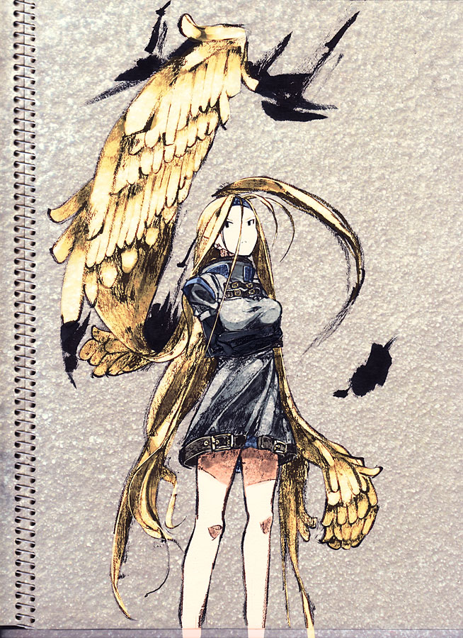 kenja tori, toriniku (pixiv), millia rage, arc system works, guilty gear, photo (medium), 1girl, blonde hair, blue eyes, elbow gloves, female focus, gloves, hairband, long hair, sketch, solo, very long hair, wings