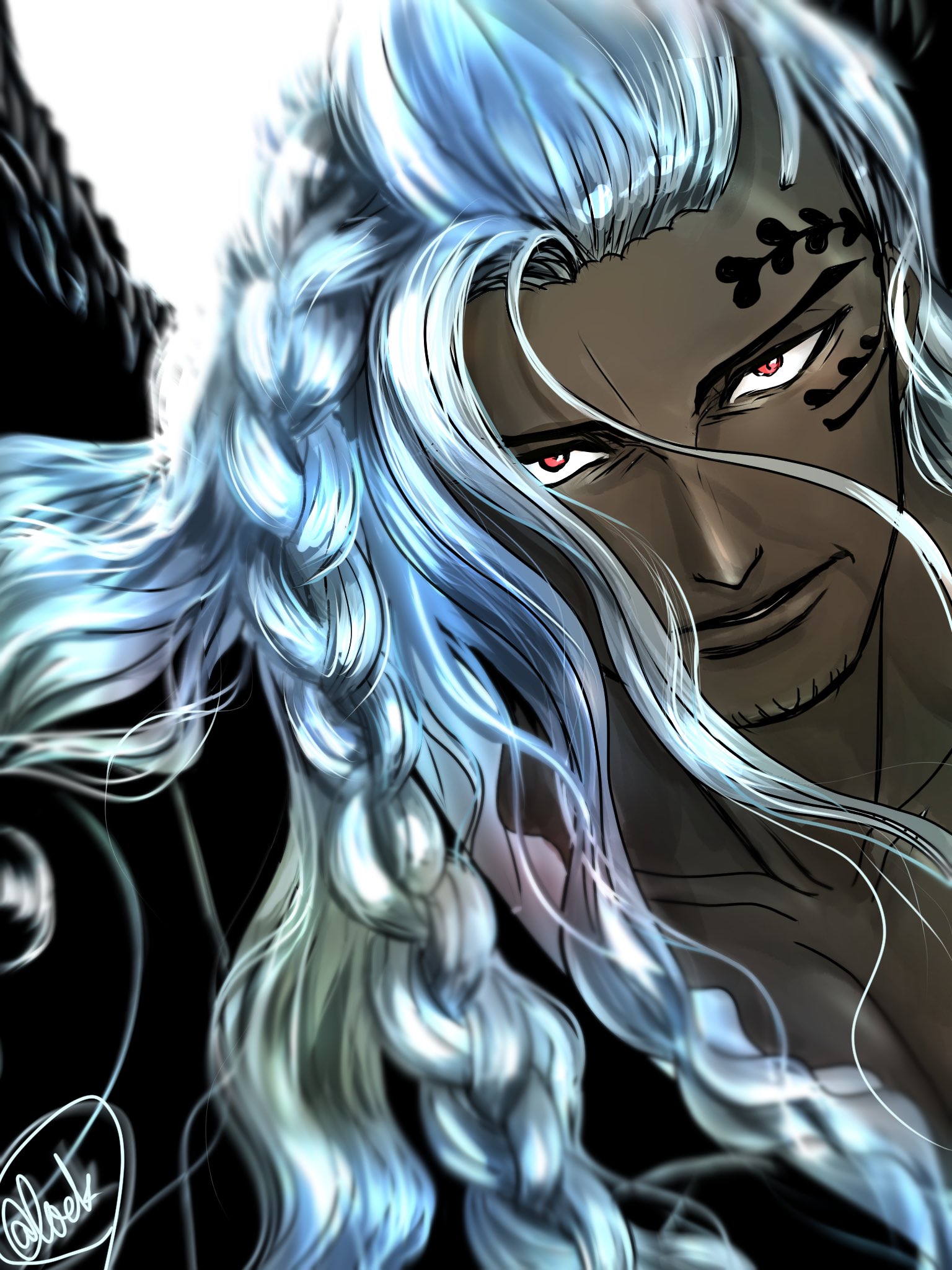 king (one piece), one piece, commentary request, highres, 1boy, braid, dark-skinned male, dark skin, facial hair, facial tattoo, goatee stubble, lockxxxlack, long hair, looking at viewer, male focus, parted lips, red eyes, signature, solo, stubble, tattoo, white hair, wings