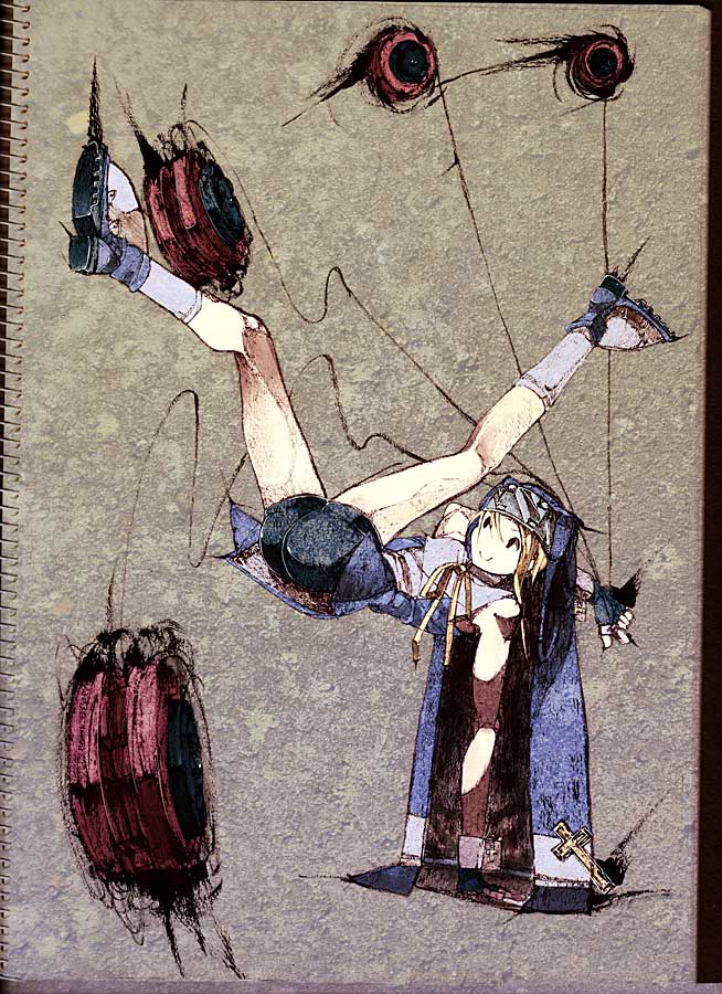 kenja tori, toriniku (pixiv), bridget (guilty gear), arc system works, guilty gear, guilty gear xx, scan, 1boy, bike shorts, blonde hair, blue eyes, crossdressing, crossdressing (mtf), gloves, male focus, nun, sketch, solo, trap, yo-yo