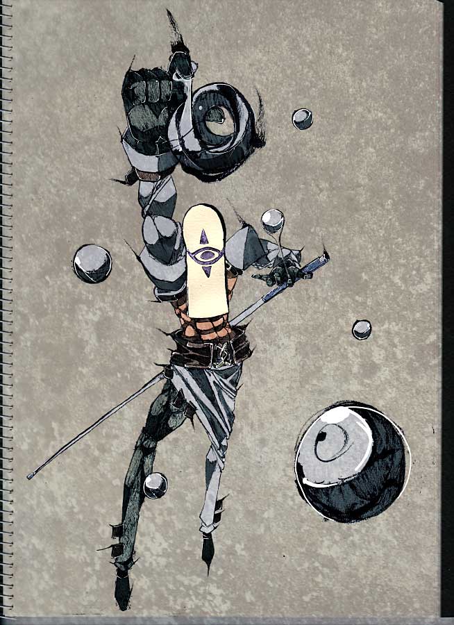 kenja tori, toriniku (pixiv), venom (guilty gear), arc system works, guilty gear, photo (medium), 1boy, abs, ball, billiards, cue stick, male focus, mask, muscular, sketch, solo