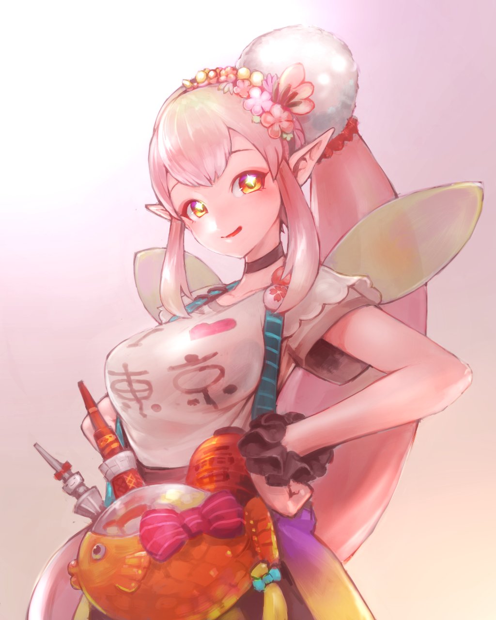 ito daka, elu (nijisanji), nijisanji, highres, + +, 1girl, black choker, breasts, choker, collarbone, fairy wings, fish, flower hairband, goldfish, long hair, looking at viewer, medium breasts, orange eyes, pink hair, pointy ears, ponytail, shirt, short sleeves, sidelocks, simple background, smile, very long hair, white shirt, wings