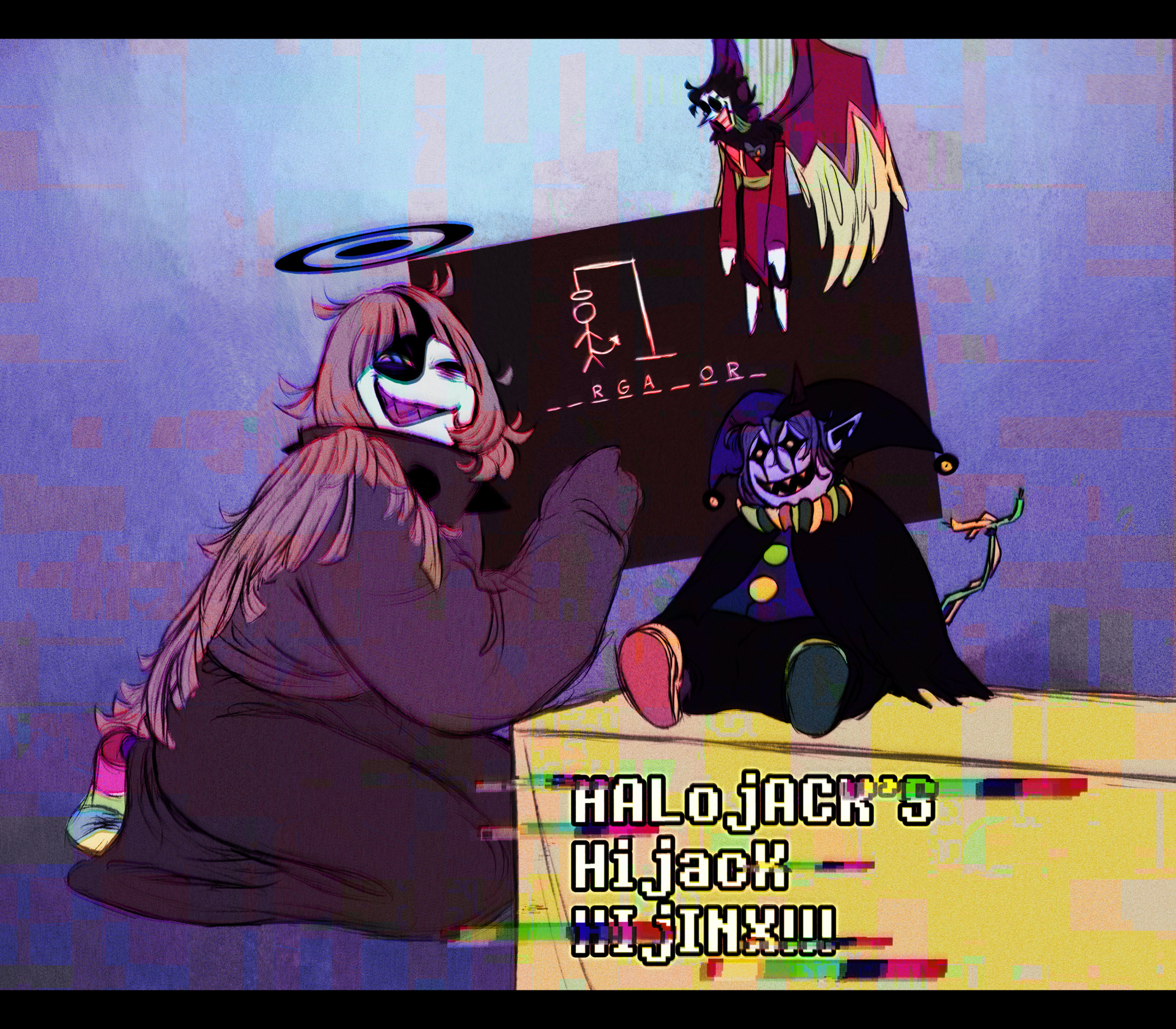 jevil, spamton g. spamton, spamton neo, deltarune, original, utdr (toby fox), highres, 1girl, 2boys, dress, english text, halo, halojack (huecycles), huecycles, long skirt, multicolored eyes, multiple boys, sharp teeth, skirt, teeth