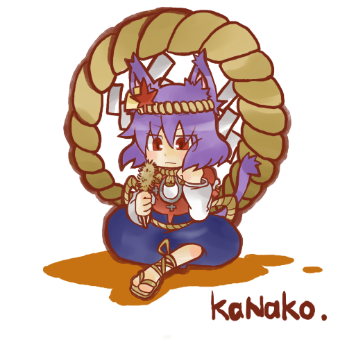 gurageida, yasaka kanako, touhou, lowres, 1girl, animal ears, cat ears, cat girl, cat tail, cattail, chibi, female focus, hair ornament, kemonomimi mode, leaf hair ornament, mirror, plant, purple hair, red eyes, rope, sandals, short hair, sitting, solo, tail